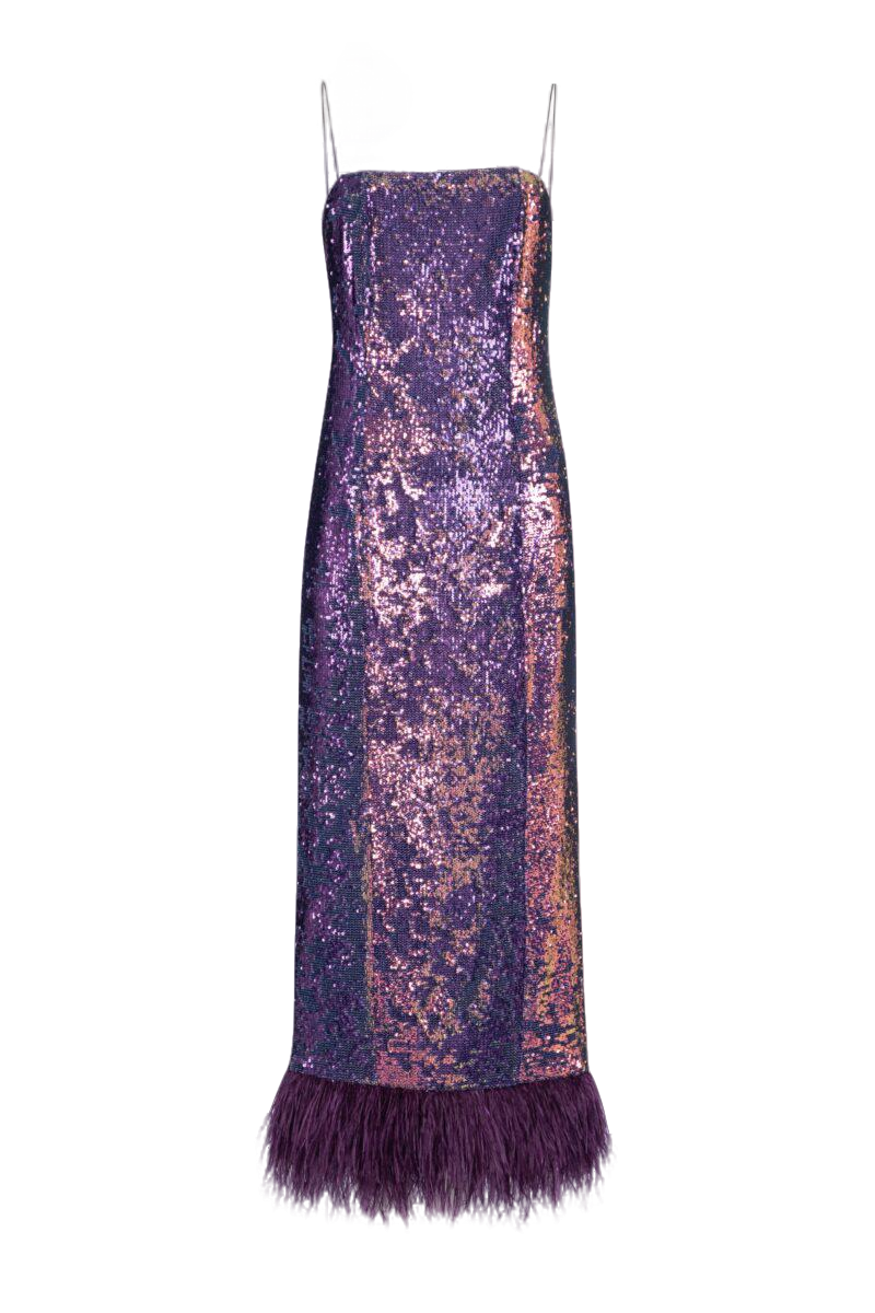 F.ilkk Plum Sequined Midi Dress With Feather