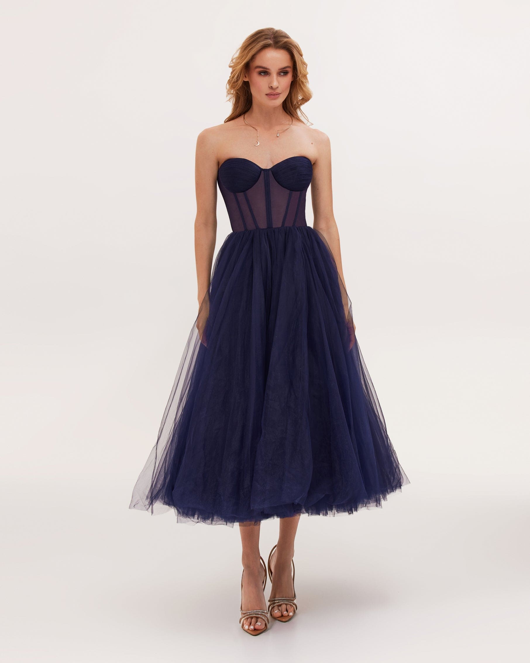 Shop Milla Navy Strapless Puffy Midi Tulle Dress In Blue