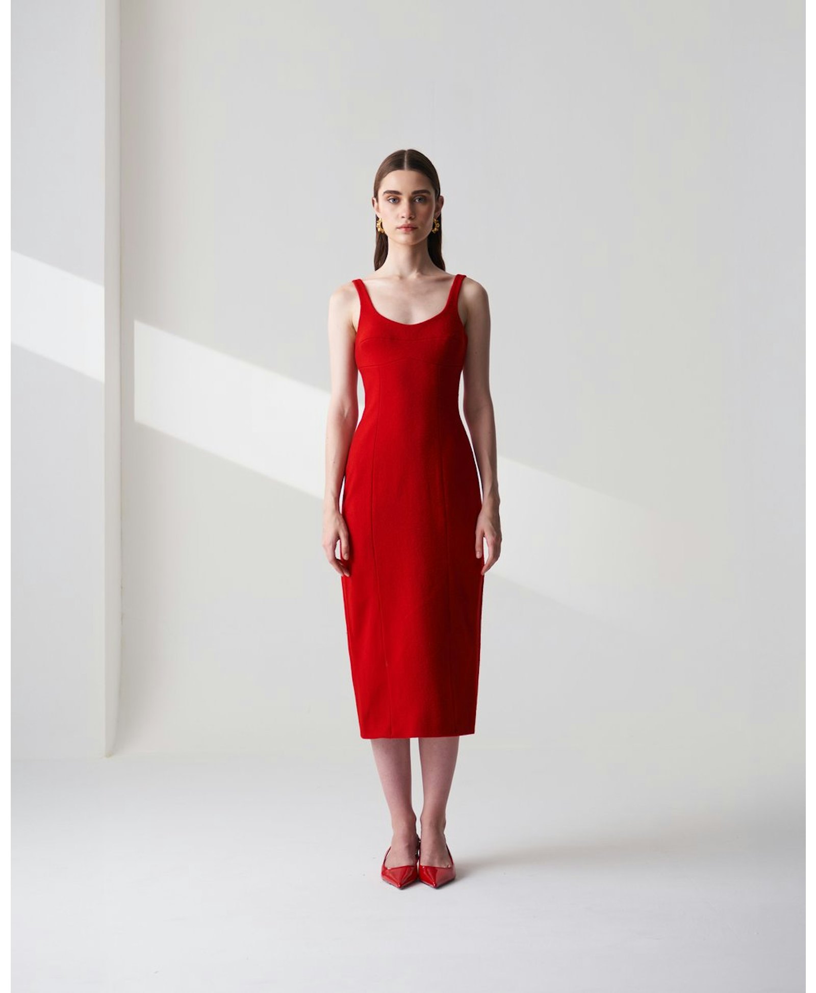 Wool Blend Midi Dress In Red made by Szabo Sihag