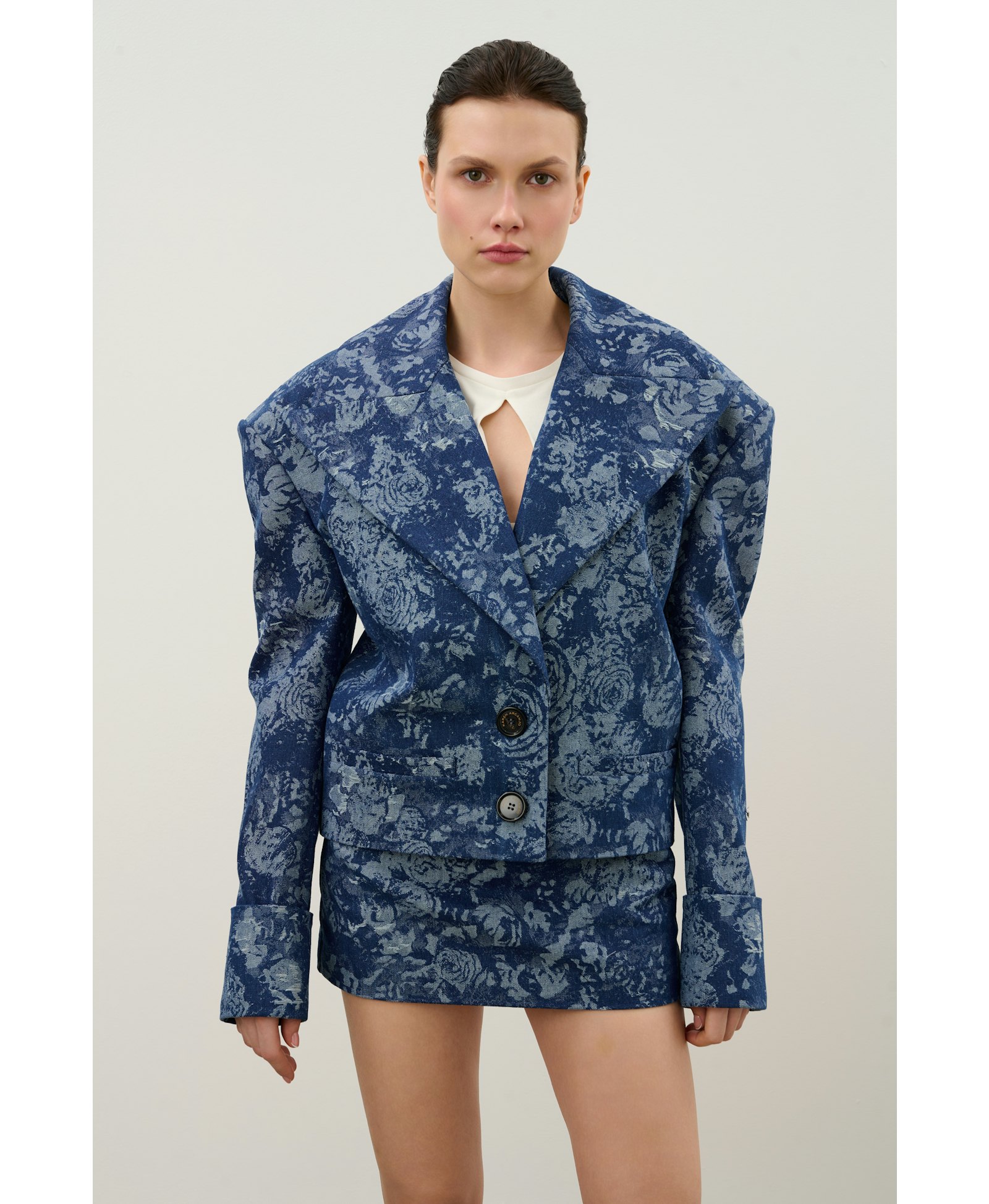Navy denim jacket made by Karen Arcanjo