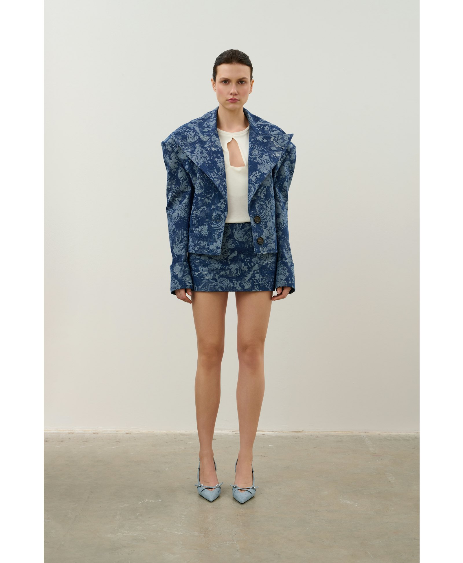 Navy denim jacket made by Karen Arcanjo