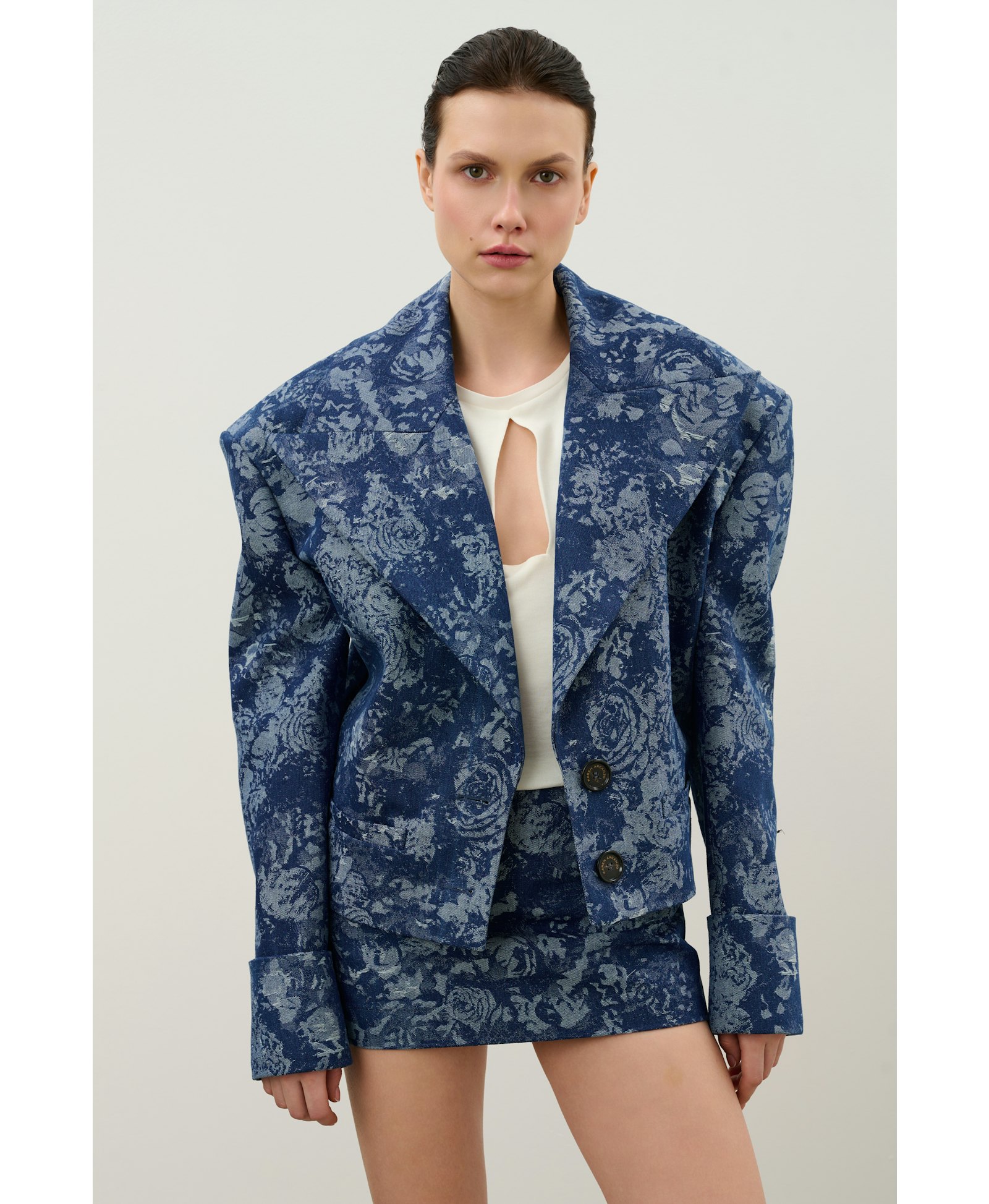 Navy denim jacket made by Karen Arcanjo