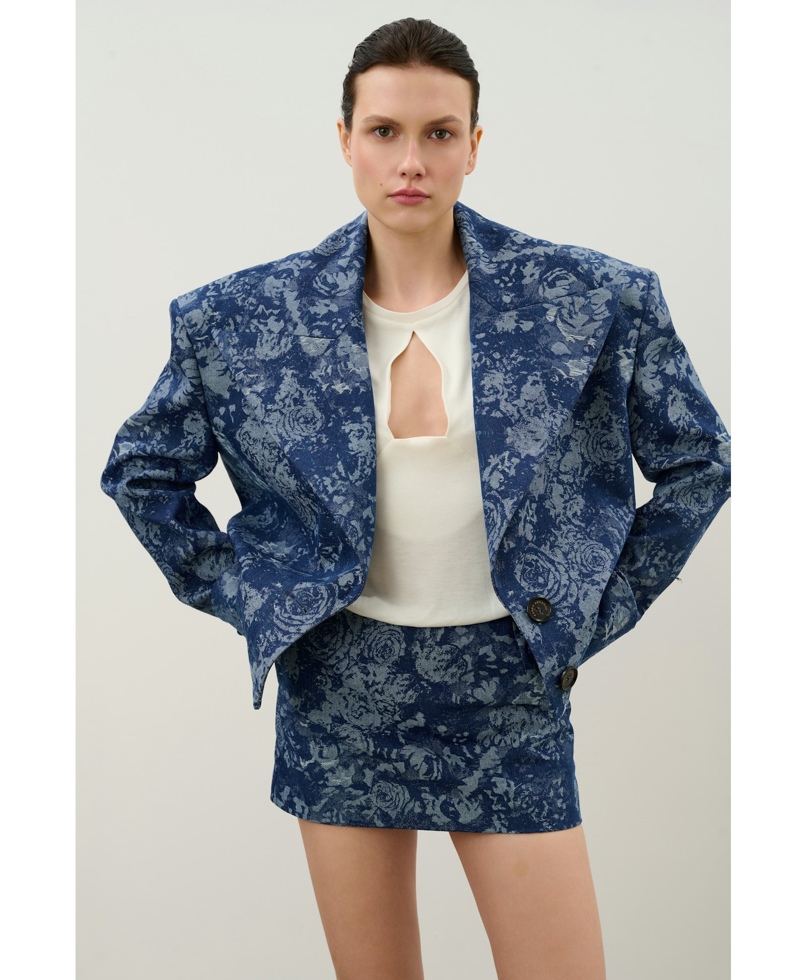 Navy denim jacket made by Karen Arcanjo