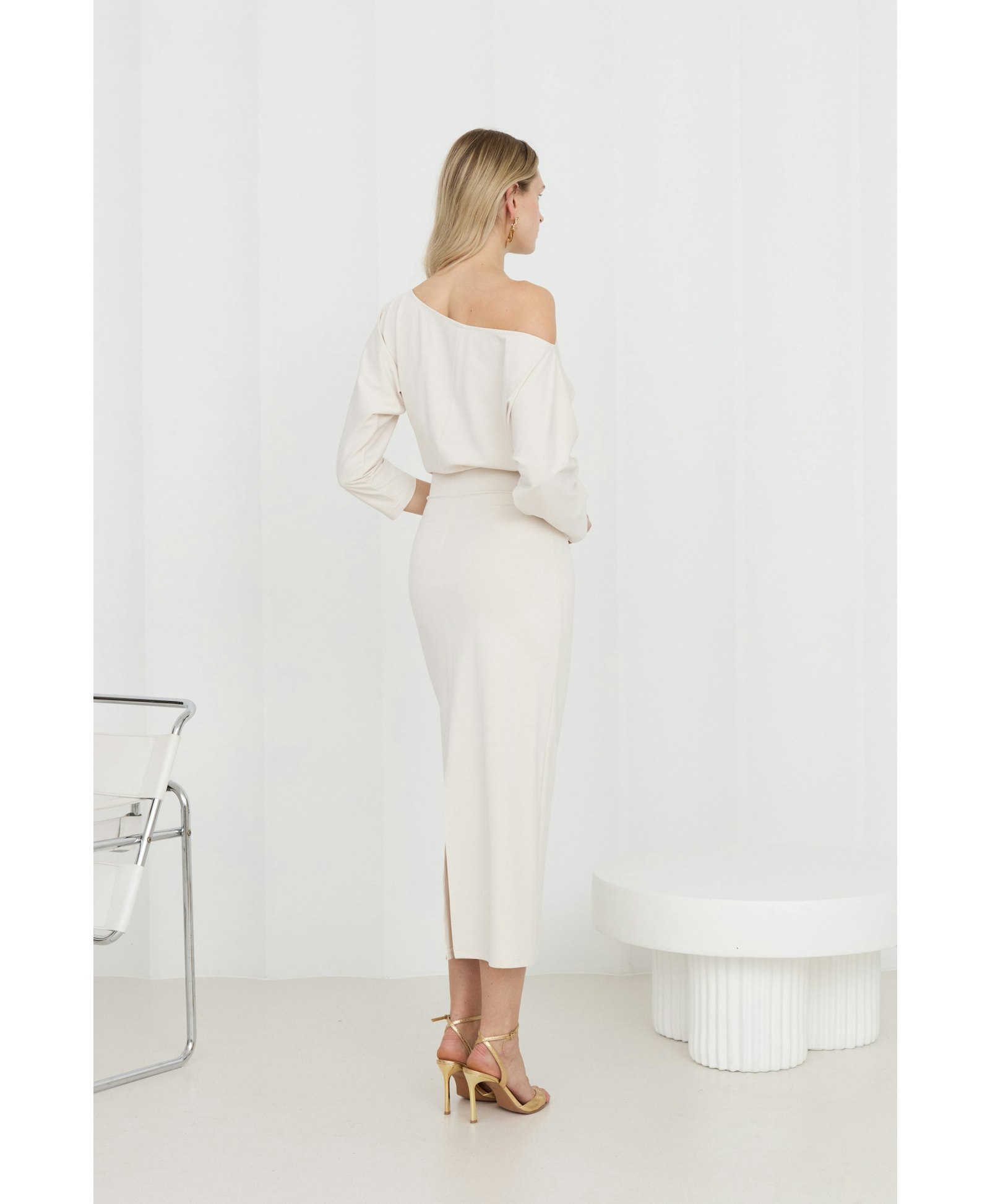 THEA White Off-Shoulder Jersey Midi Dress With Long Sleeves made by UNDRESS