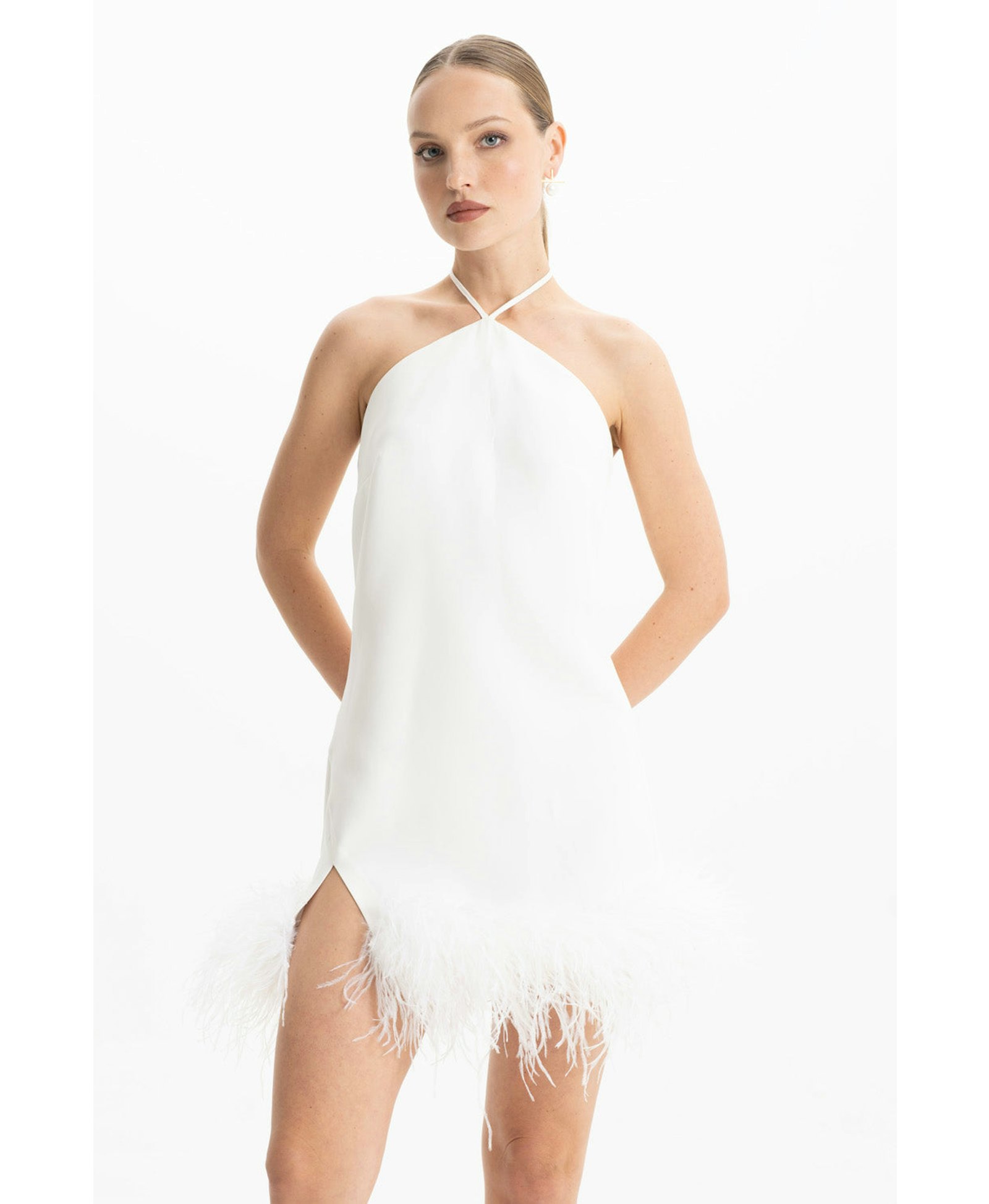 Keira White Halter Mini Feather Dress made by Lora Istanbul
