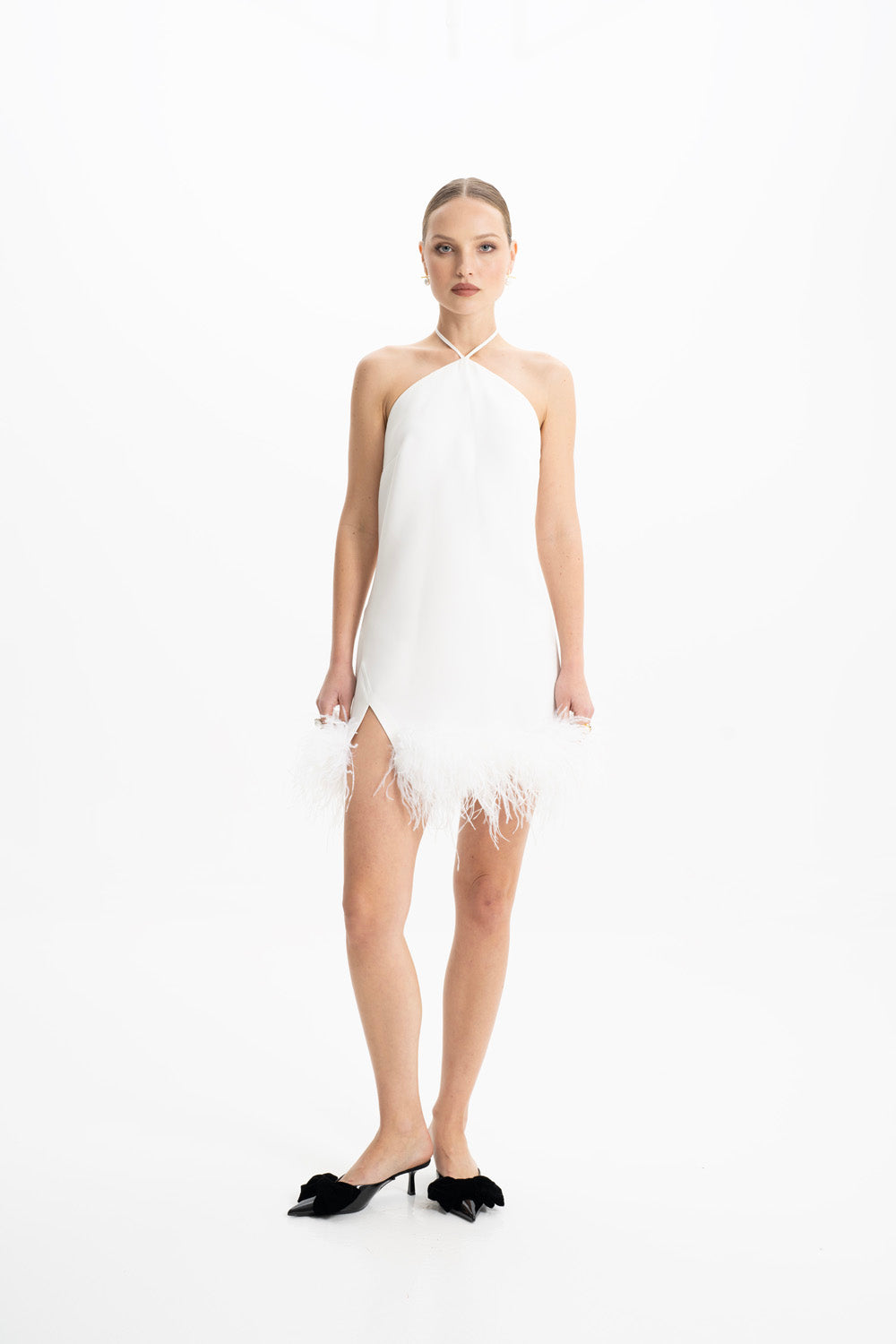 Shop Lora Istanbul Keira White Halter Mini Feather Dress