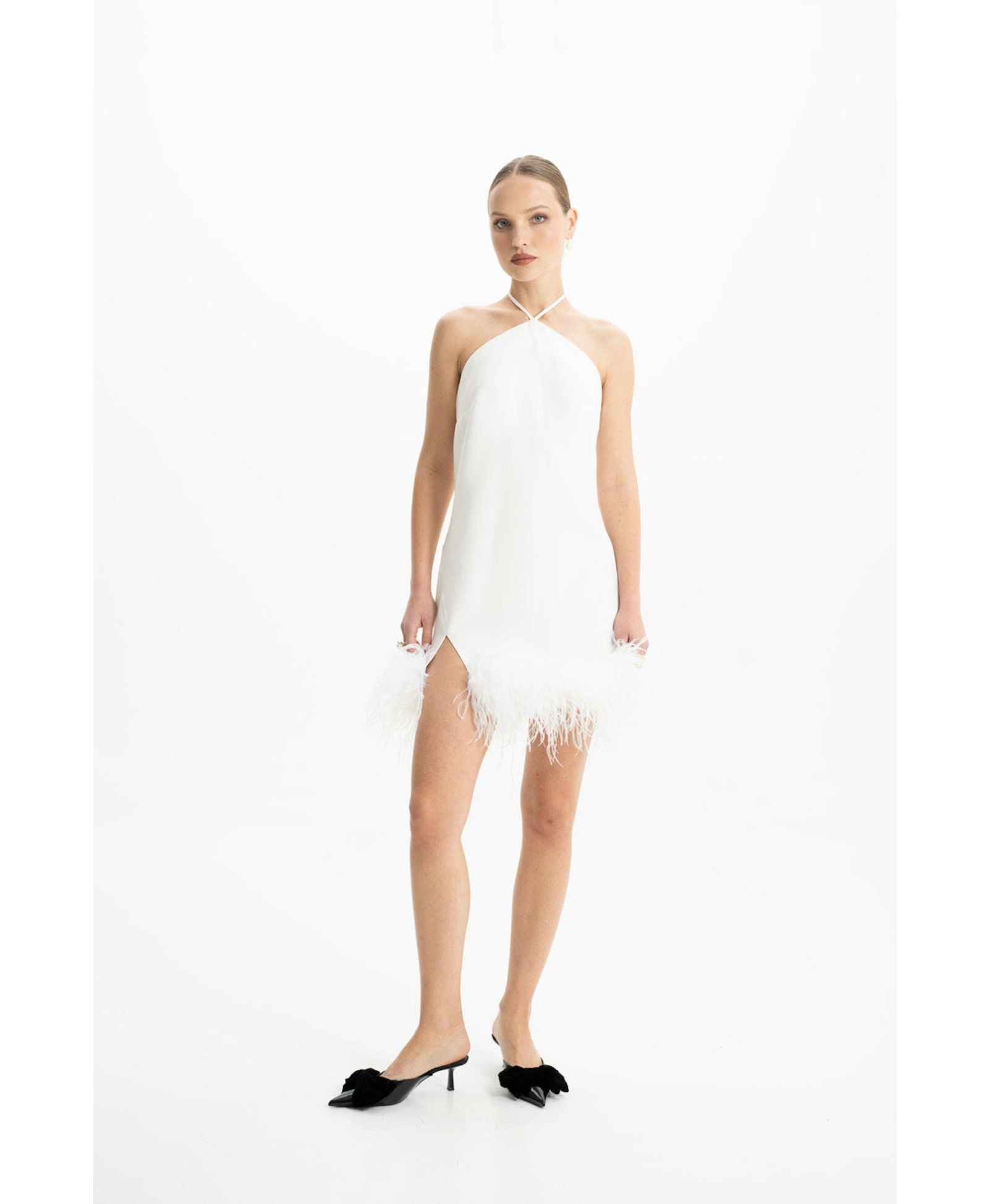 Keira White Halter Mini Feather Dress made by Lora Istanbul