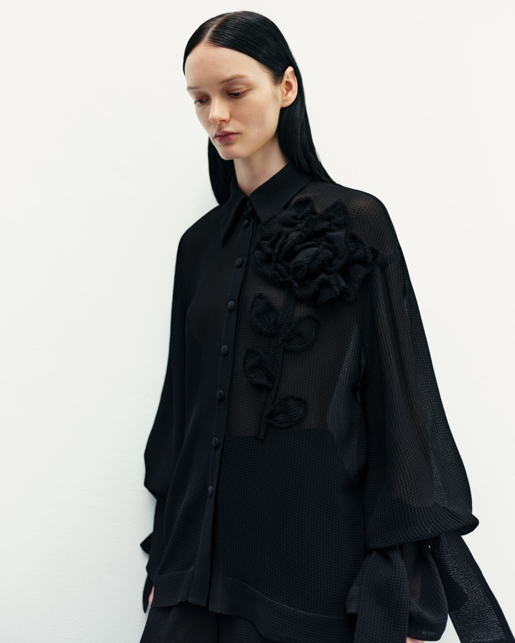 Shop Malva Florea Black Shirt With A Decorative Element In The Shape Of A Flower