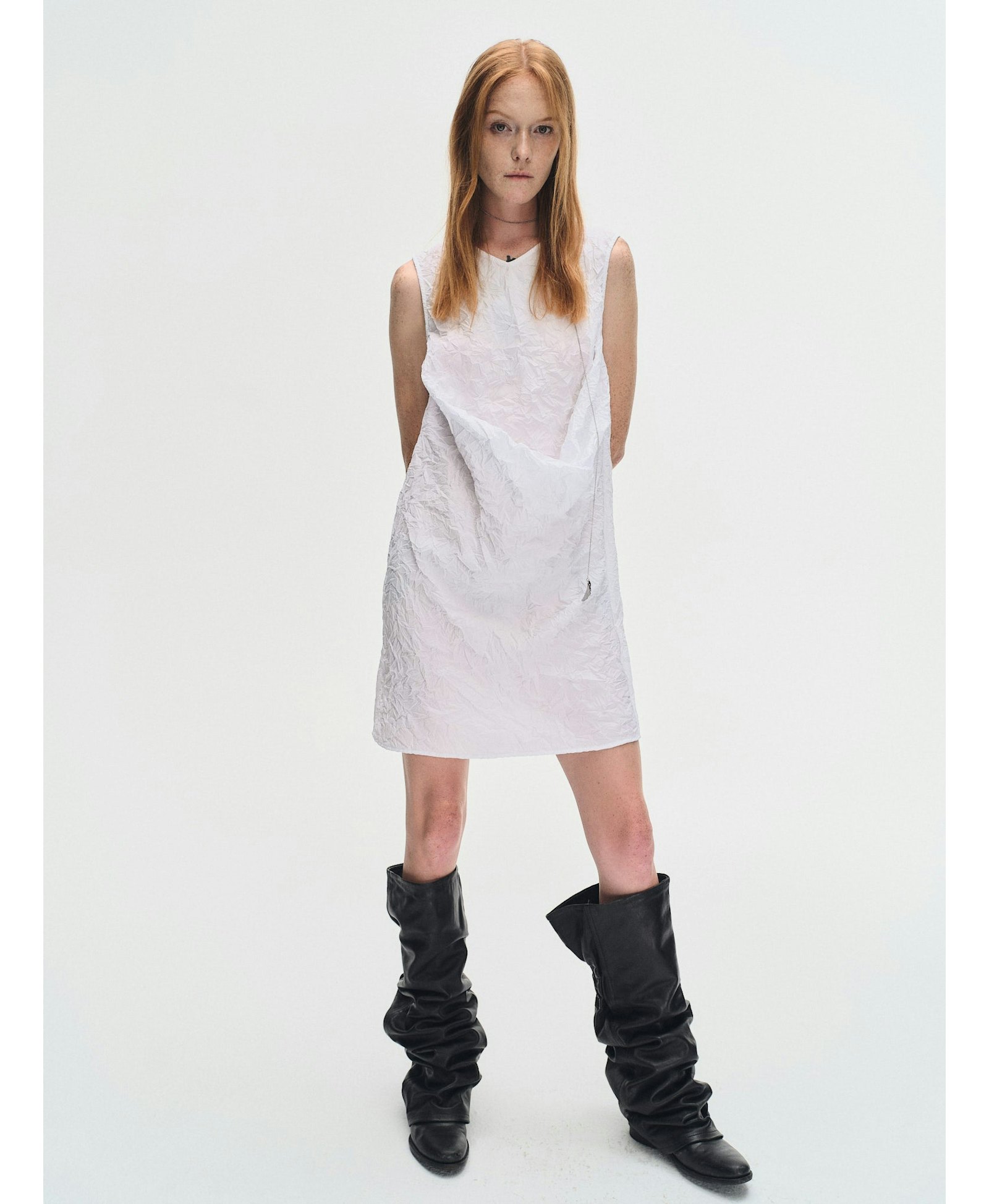 WHITE TEXTURED DRAPED MINI DRES made by YIBRI