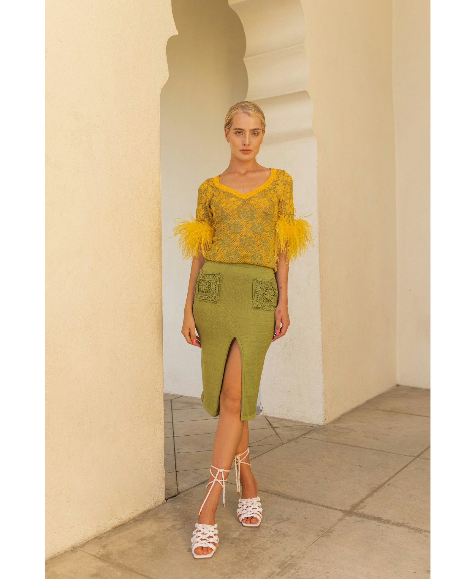 Green Flower Top With Feathers made by ANDREEVA