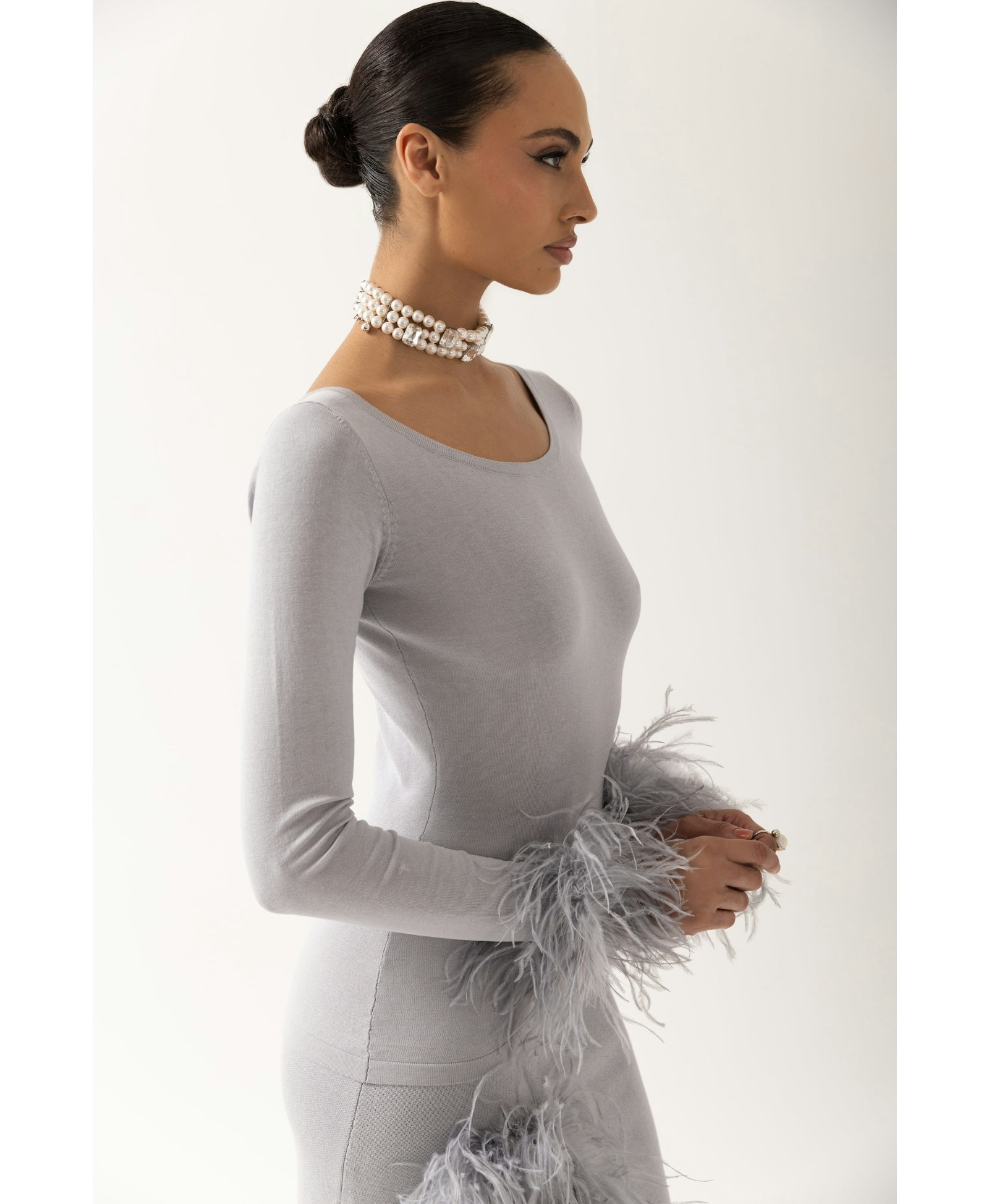 Grey Knit Skirt With Feathers made by ANDREEVA