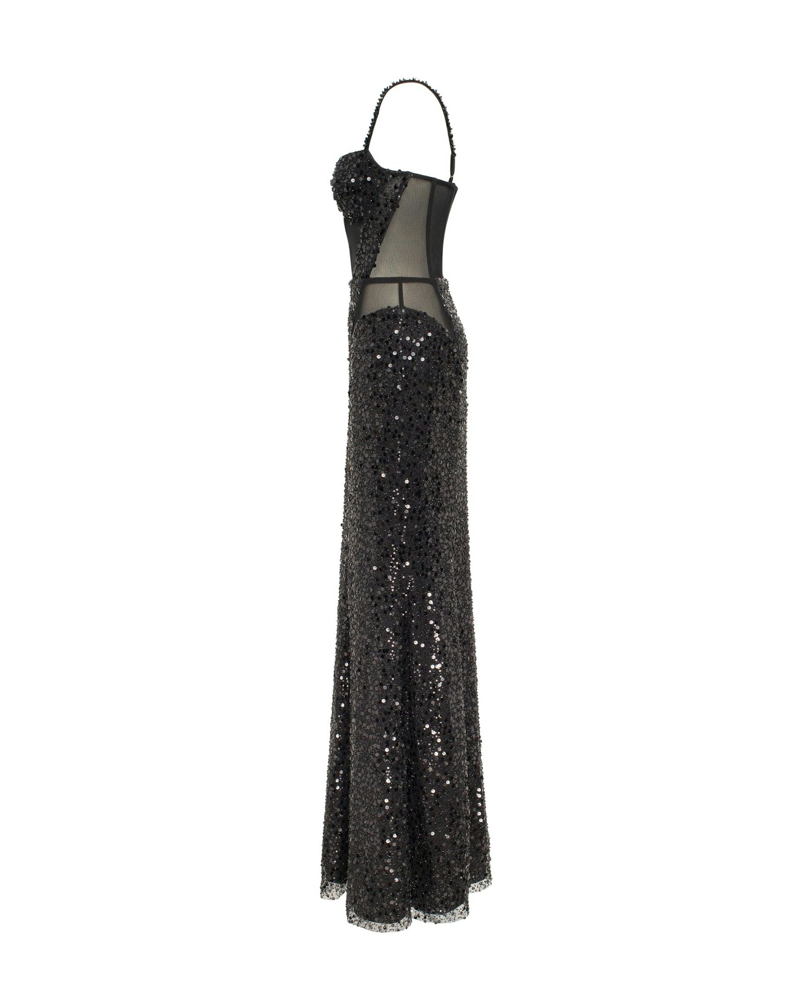 Sensational black maxi on spaghetti straps covered in sequins, Smoky Quartz made by Milla