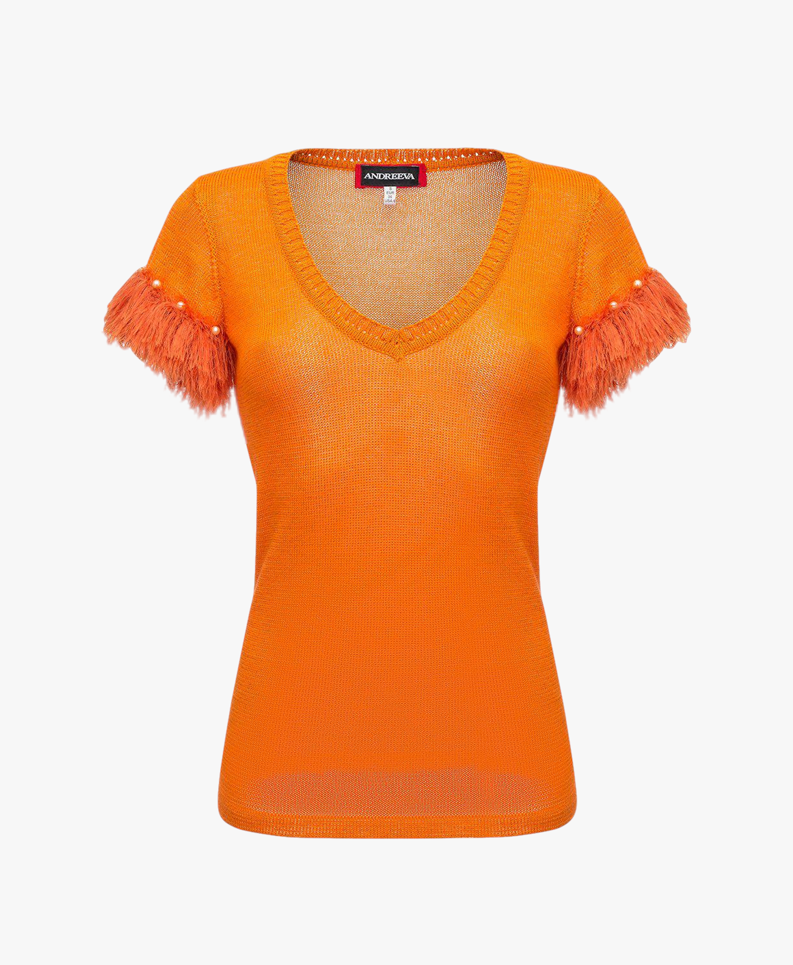 Golden poppy knit top with handmade knit details and pearls made by ANDREEVA