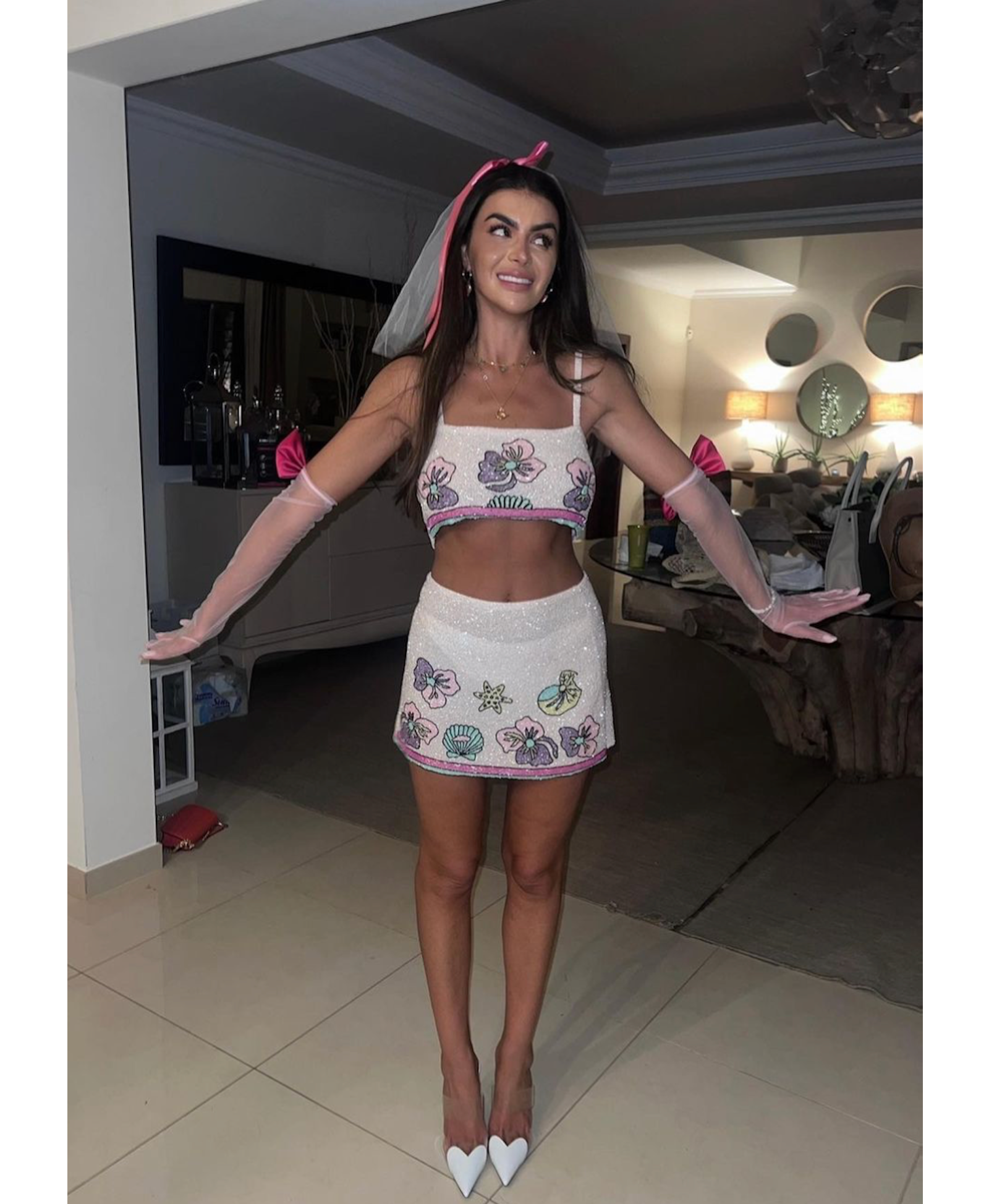 Tallulah Crystal Co-Ord Mini Skirt in Beige made by Oceanus Swimwear