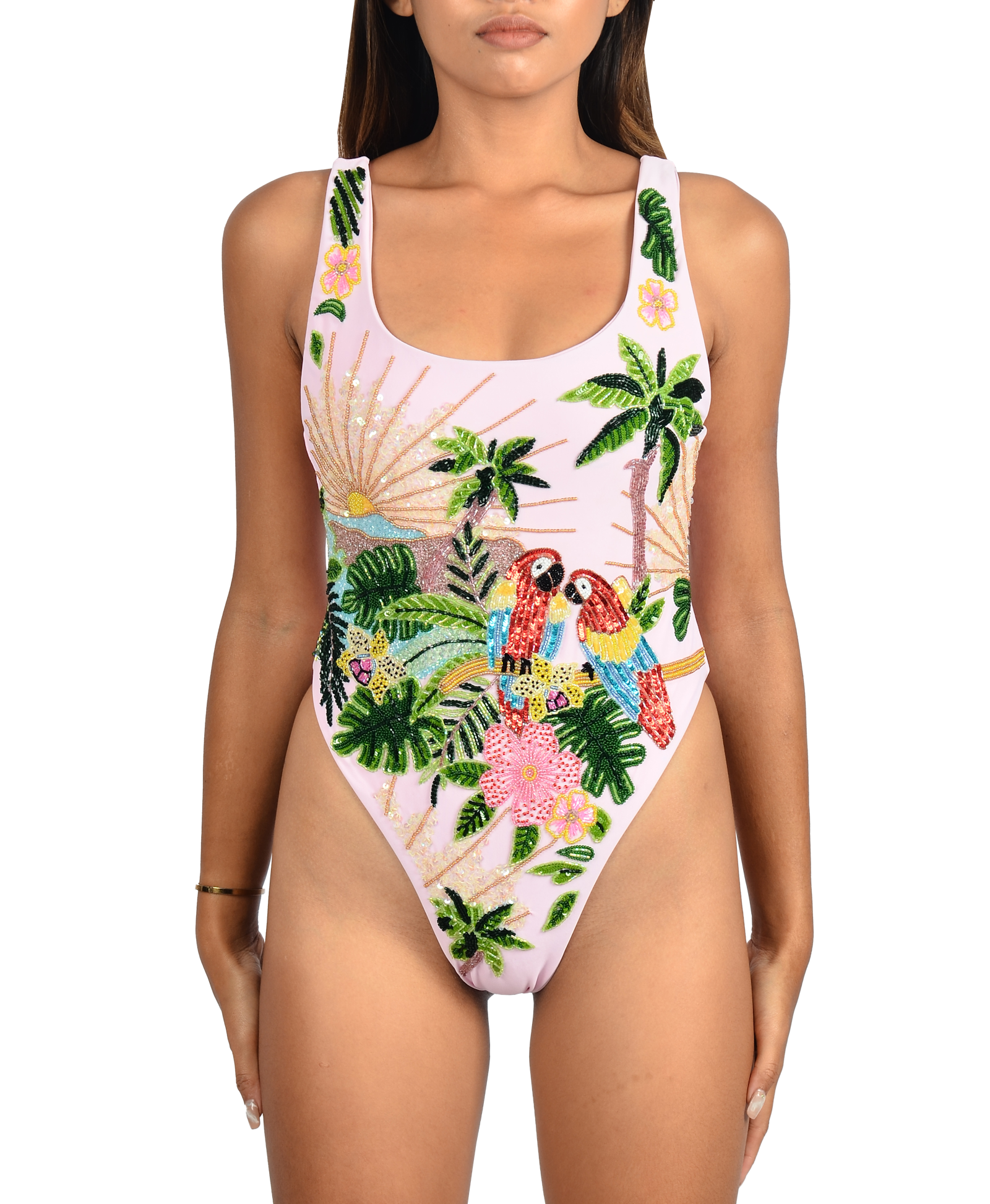 Maya Scoop Back Pink Tropical Swimsuit made by Oceanus Swimwear