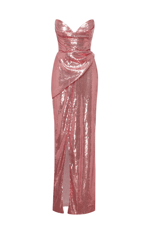 Millà Sequined Strapless Evening Gown In Rose Color With A Thigh Slit In Pink