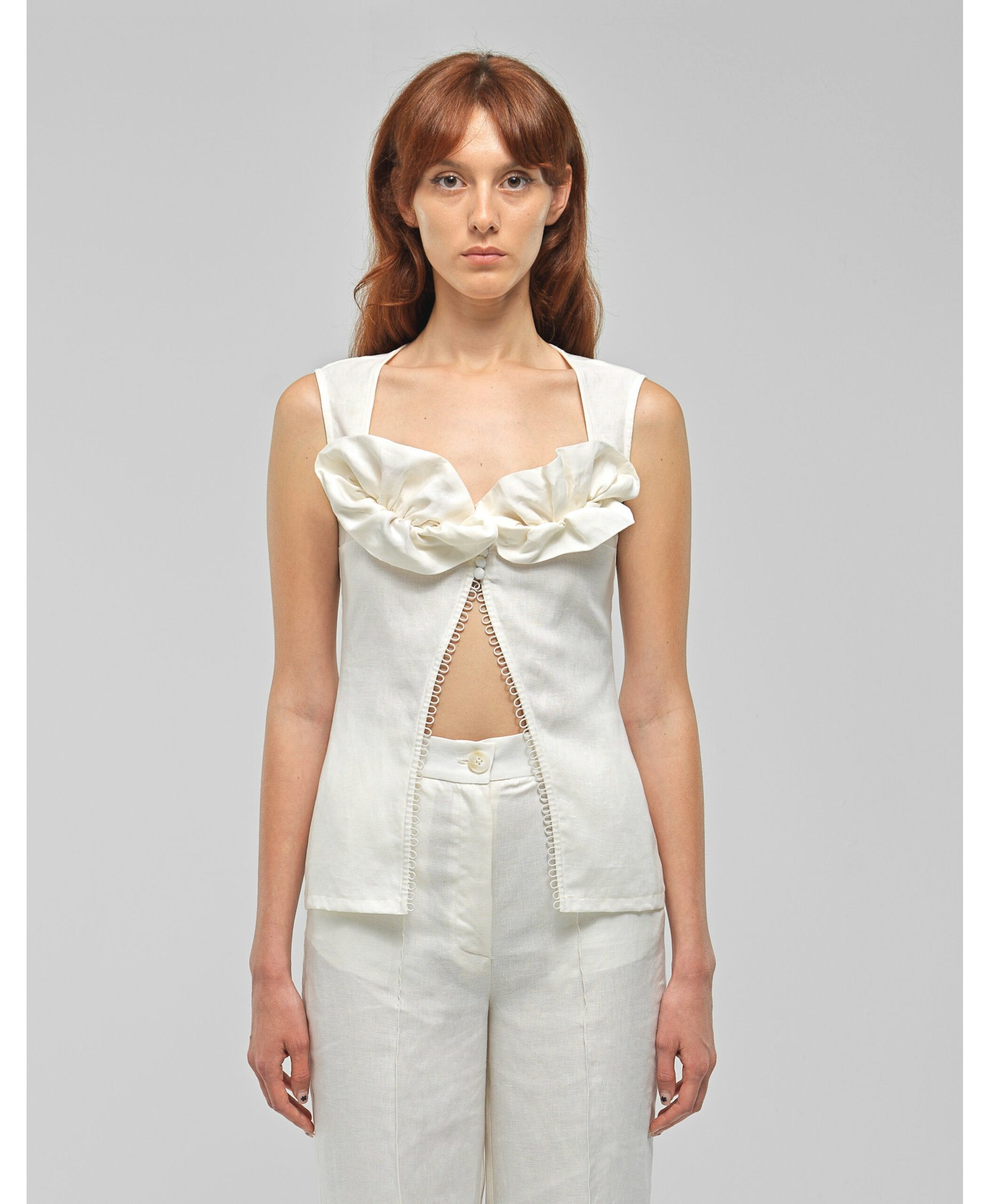 PRIMROSE White Ruffled Sleeveless Top made by MAET