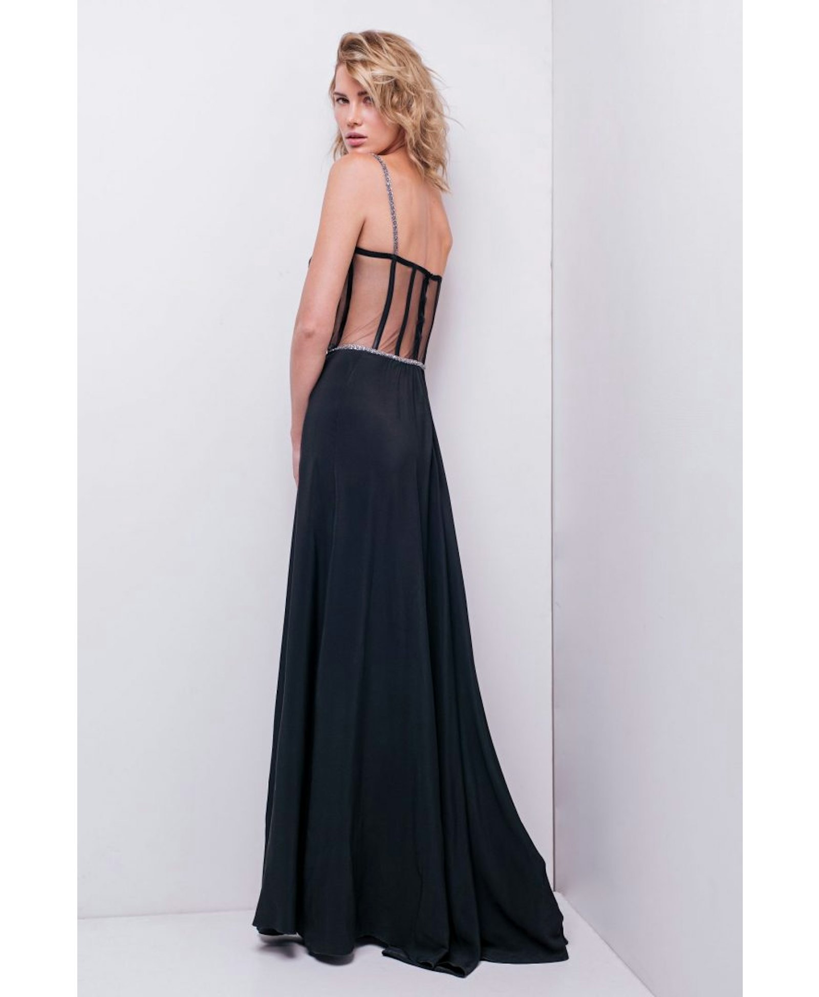 Metallic Chantilly Lace Bustier Gown in Black made by Aureliana