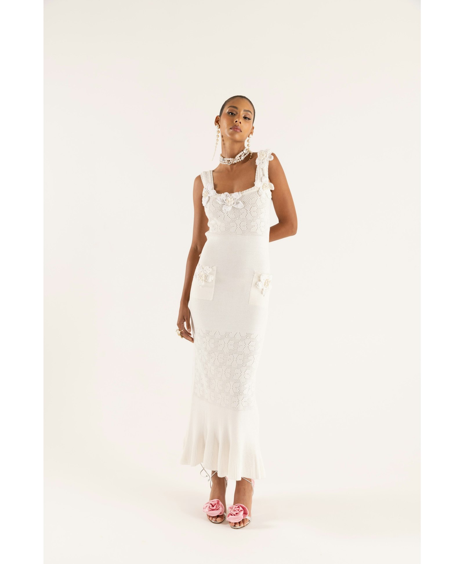 Rose Vanilla Knit Dress With Handmade Knit Details made by ANDREEVA