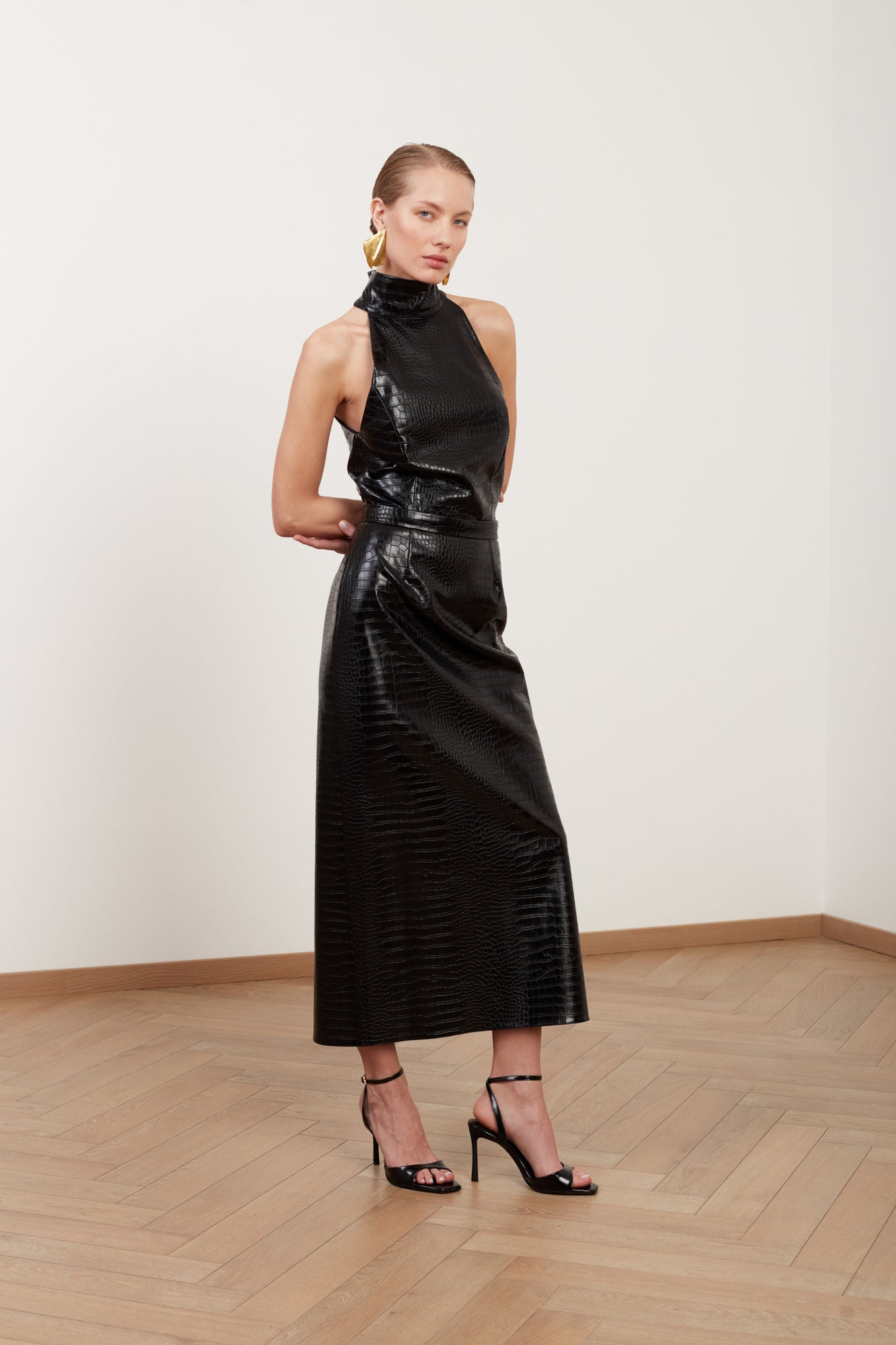 Shop Undress Sensa Black Textured Vegan Leather Midi Dress With Turtleneck