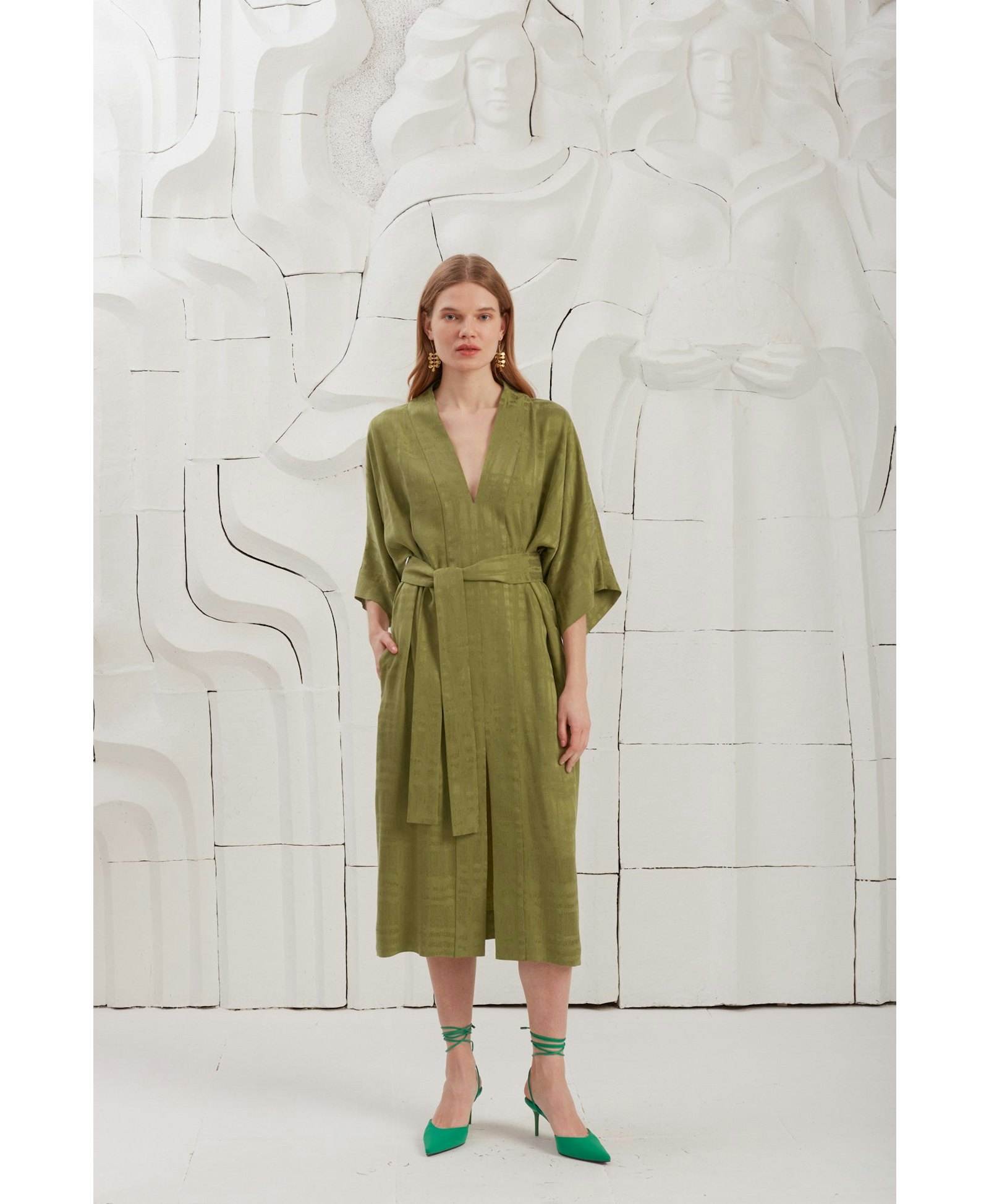 PALOMA olive green cupro midi dress made by UNDRESS