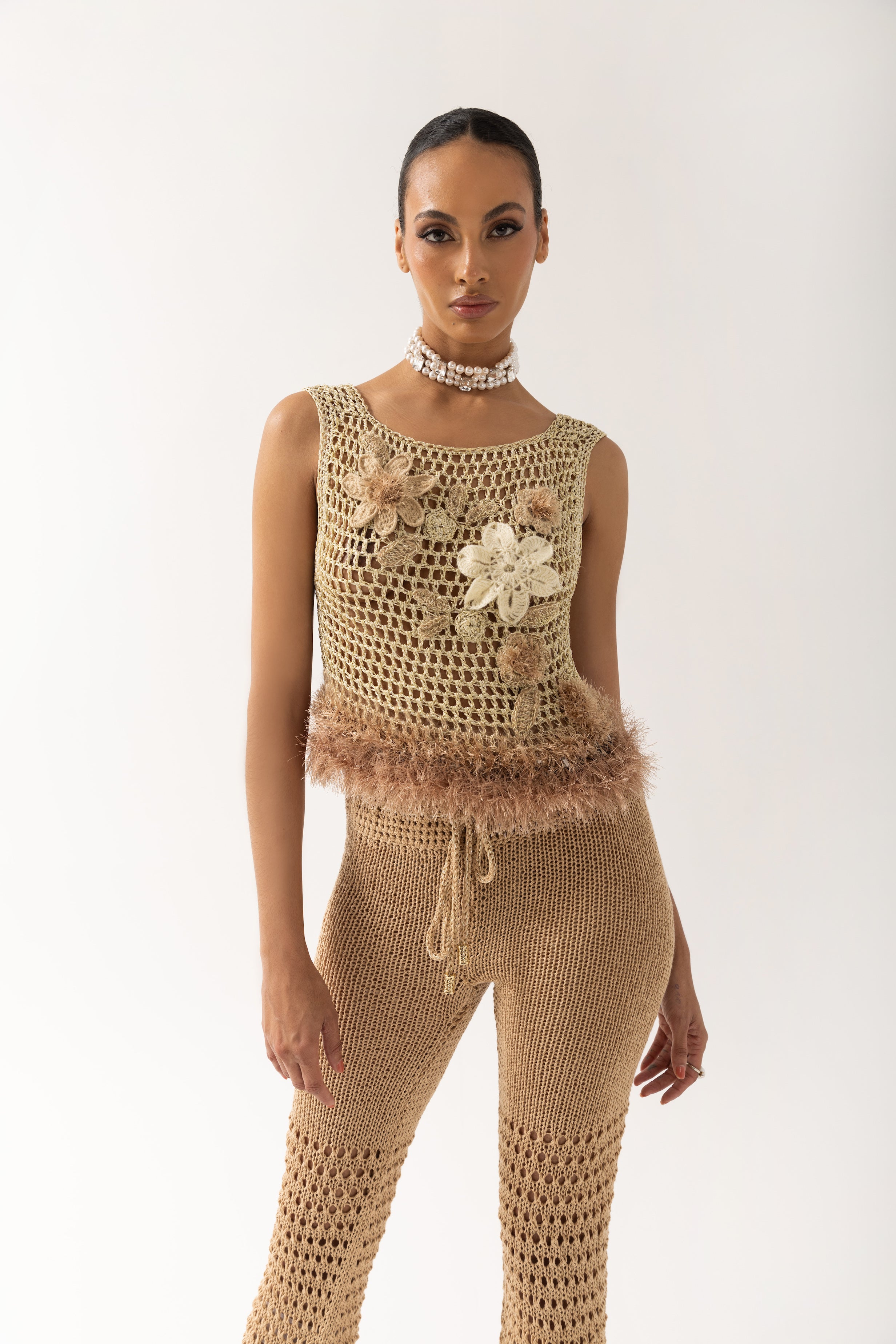 Shop Andreeva Gold Handmade Crochet Top With Embroidery