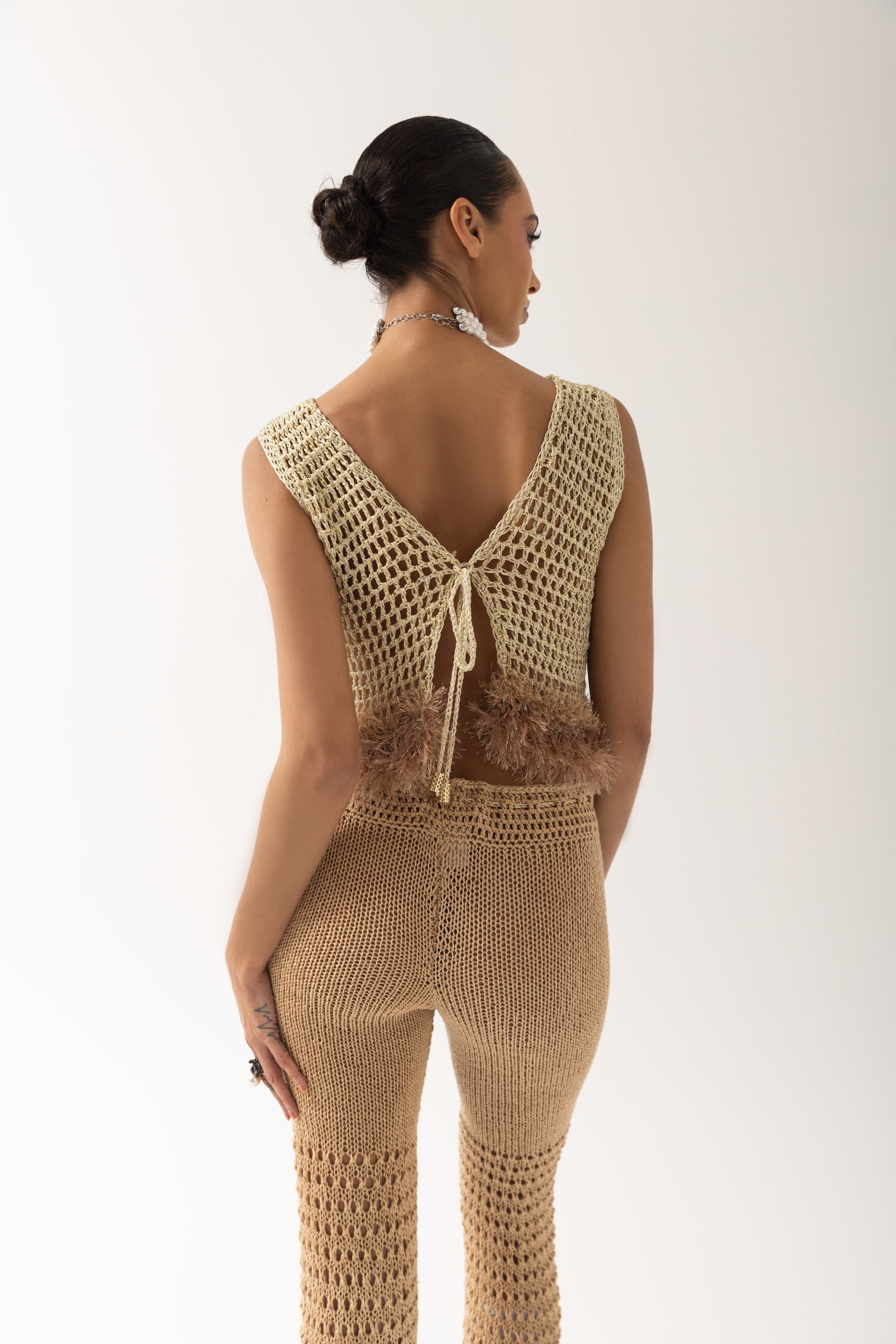 Shop Andreeva Gold Handmade Crochet Top With Embroidery