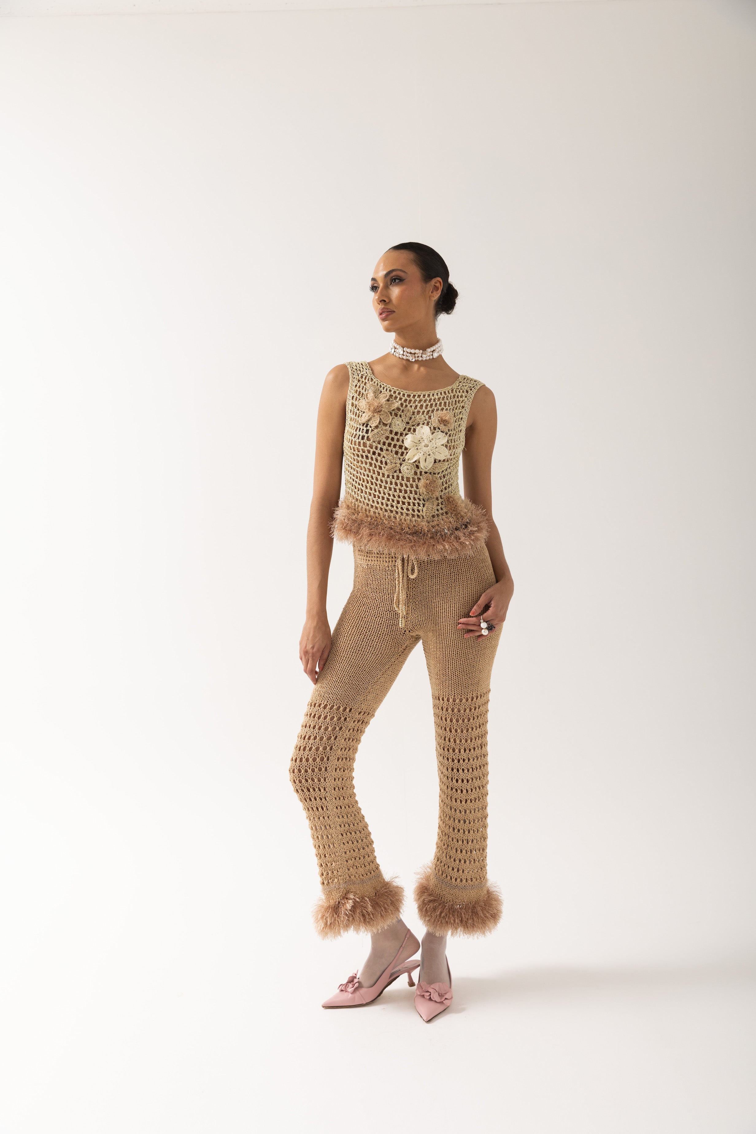 Shop Andreeva Gold Handmade Crochet Top With Embroidery