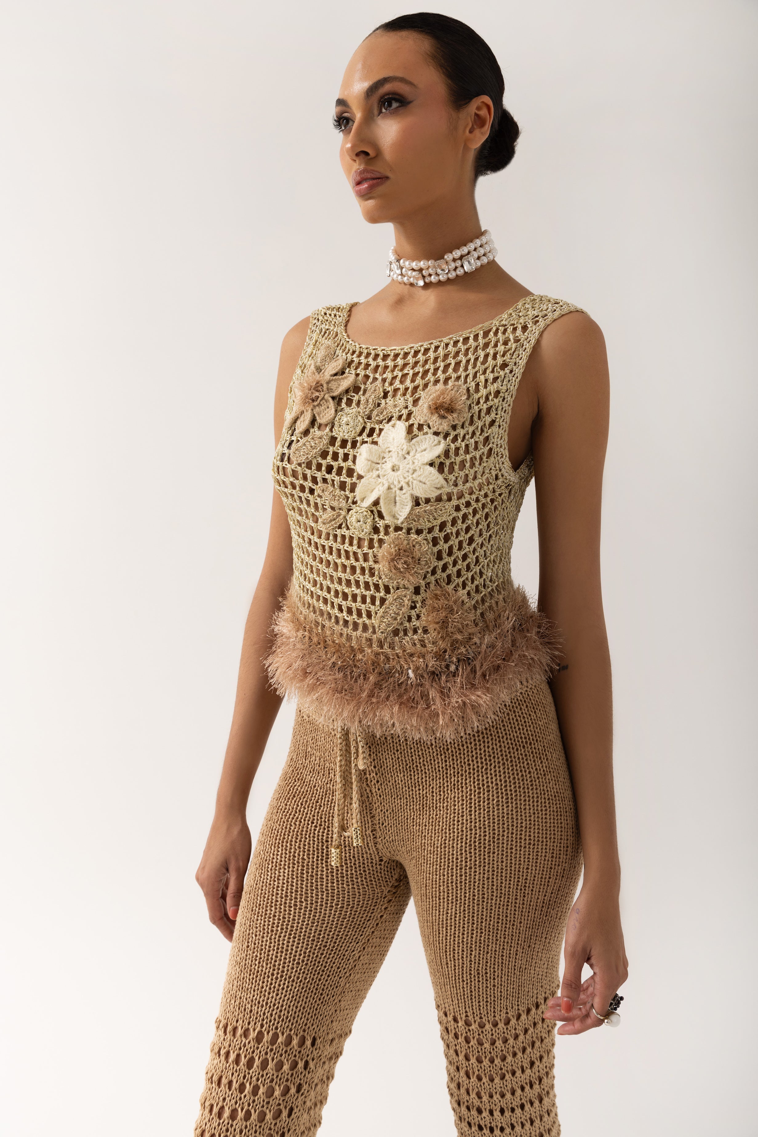 Shop Andreeva Gold Handmade Crochet Top With Embroidery