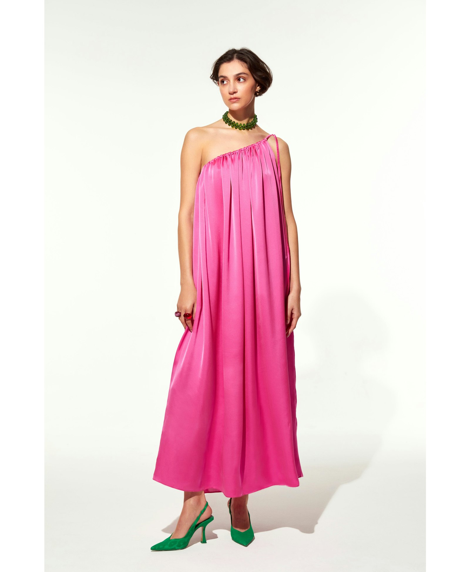 Chrissy One Shoulder Satin Maxi Dress in Pink made by Nazli Ceren