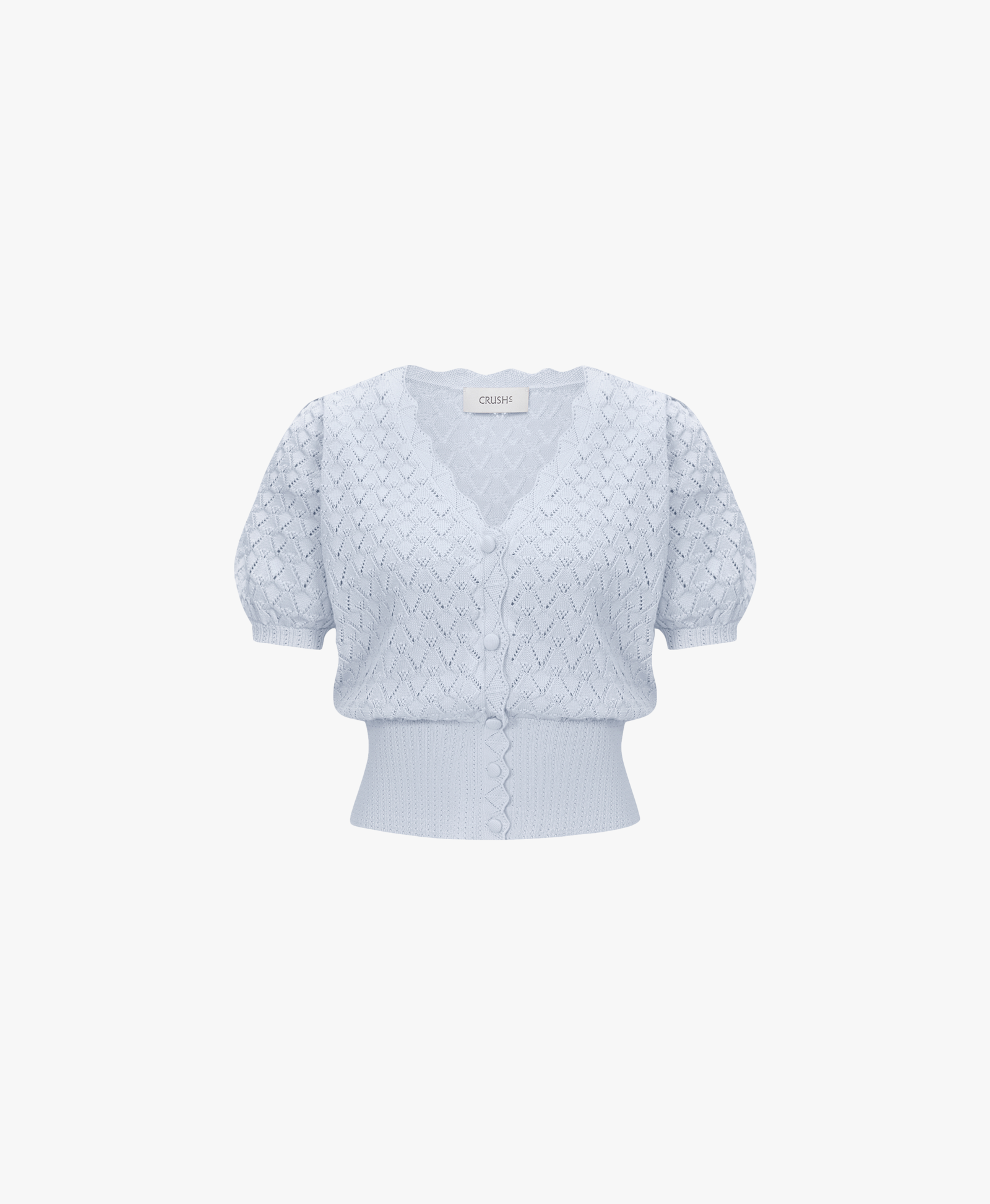 SHELL-HEM HOLLOW OUT SILK AND COTTON SHORT PUFF-SLEEVED CARDIGAN in Blue made by CRUSH Collection