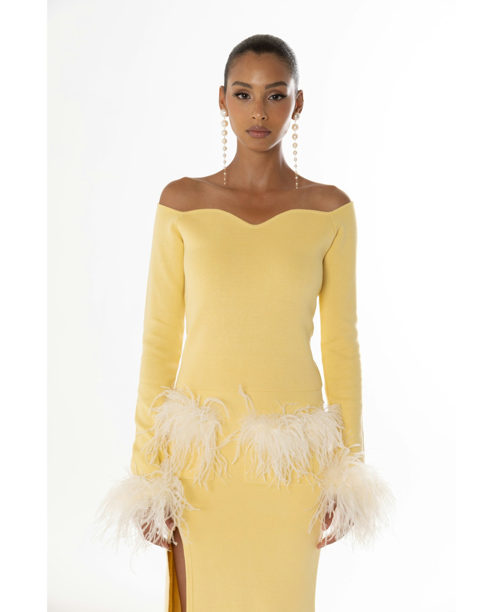 Yellow Vanilla Knit Top With Detachable Feathers Cuffs made by ANDREEVA