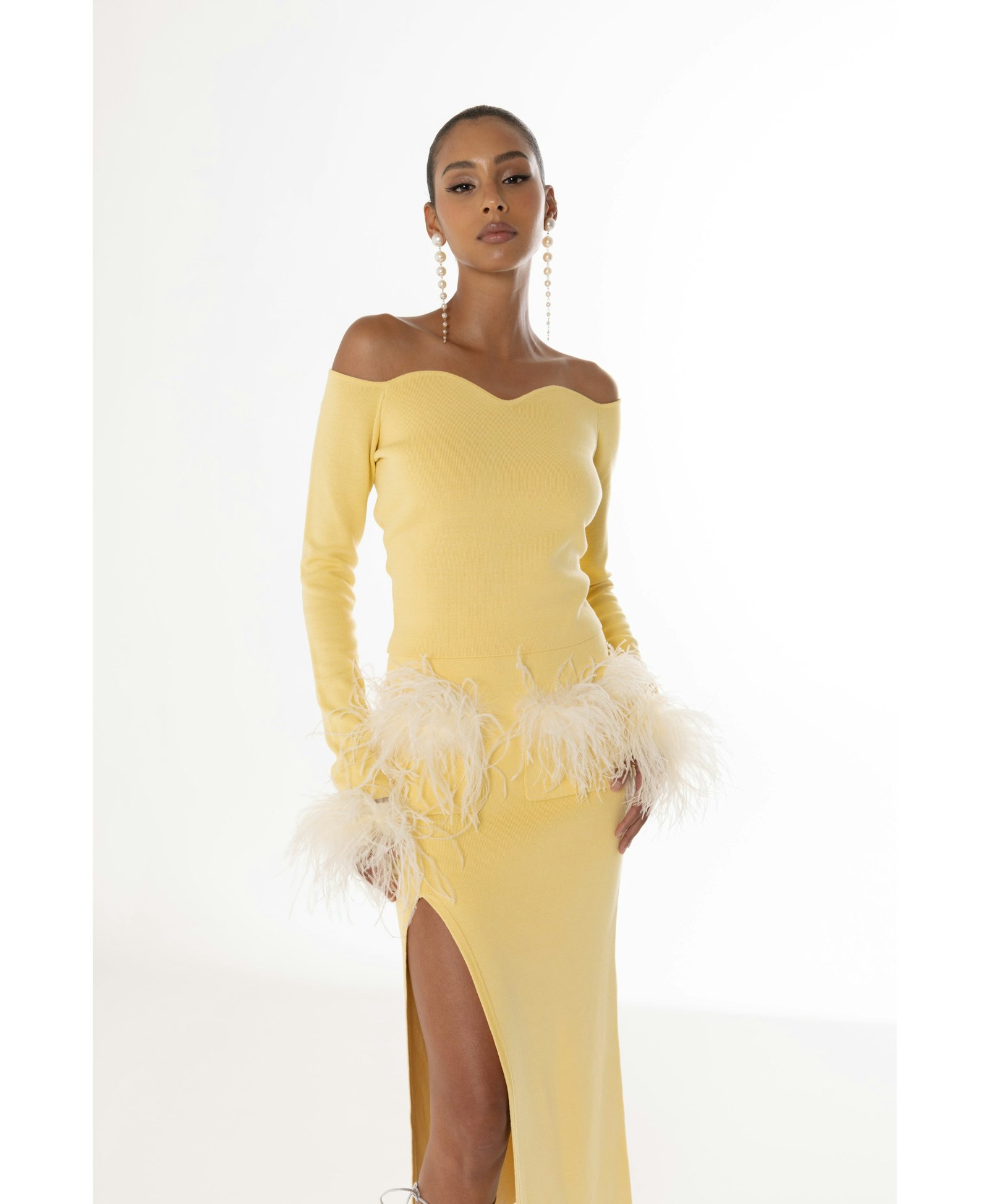 Yellow Vanilla Knit Top With Detachable Feathers Cuffs made by ANDREEVA