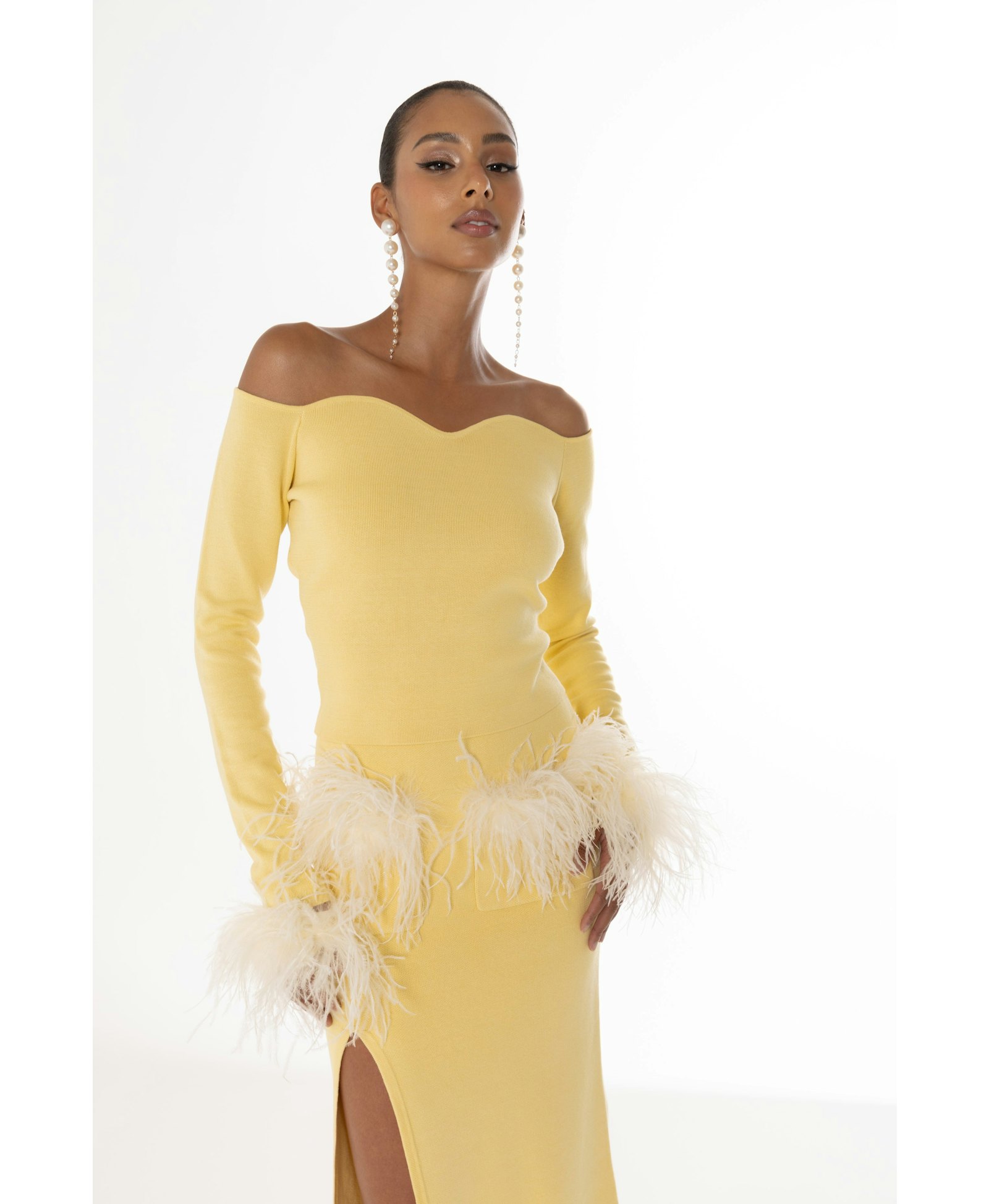 Yellow Vanilla Knit Top With Detachable Feathers Cuffs made by ANDREEVA