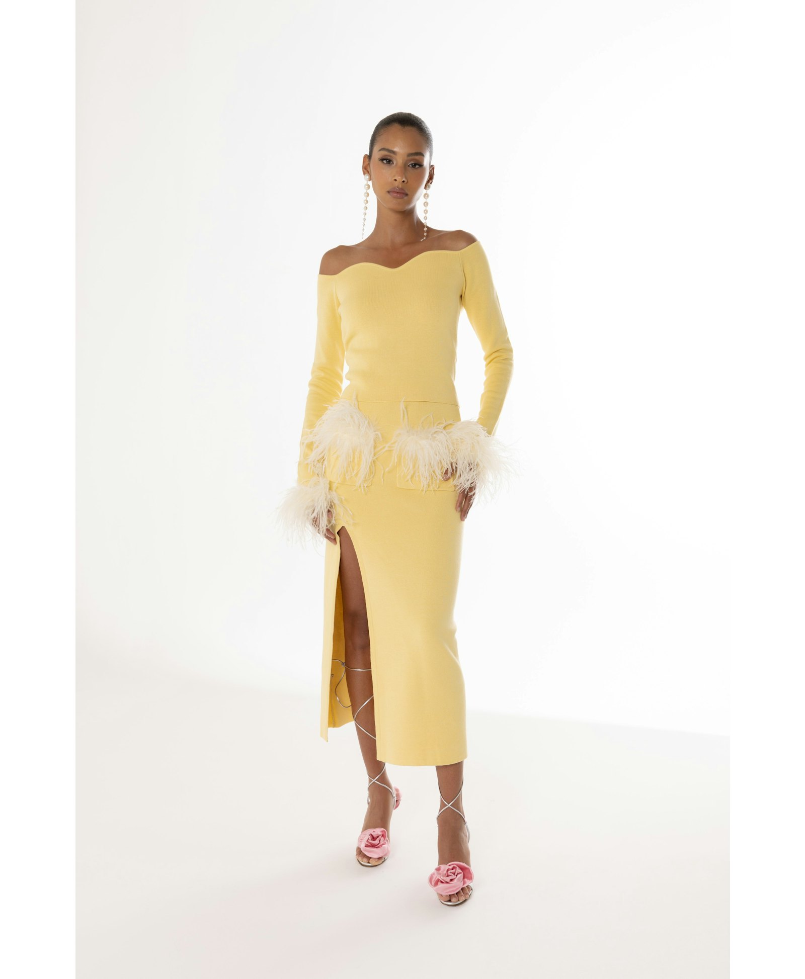 Yellow Vanilla Knit Top With Detachable Feathers Cuffs made by ANDREEVA