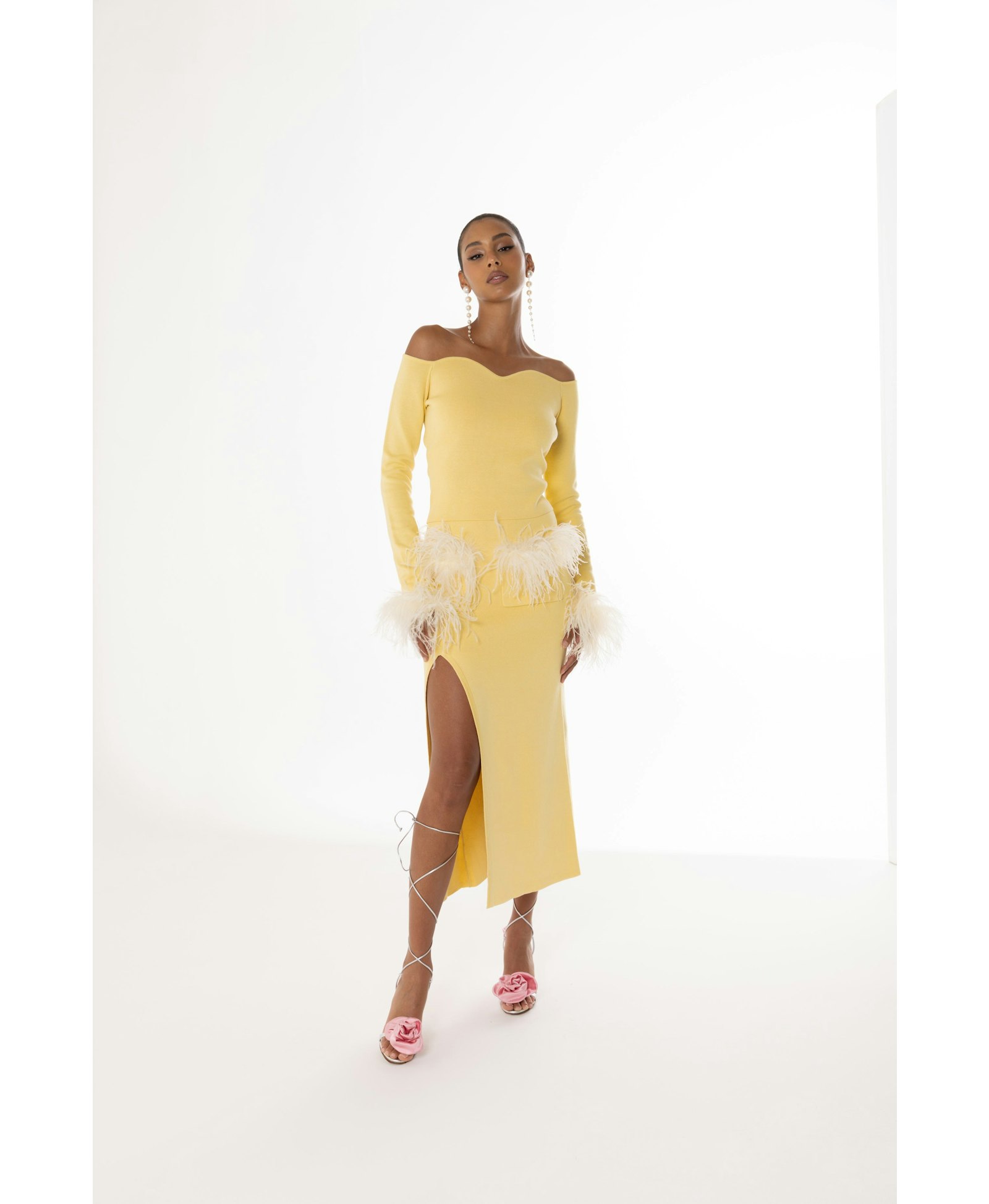 Yellow Vanilla Knit Top With Detachable Feathers Cuffs made by ANDREEVA