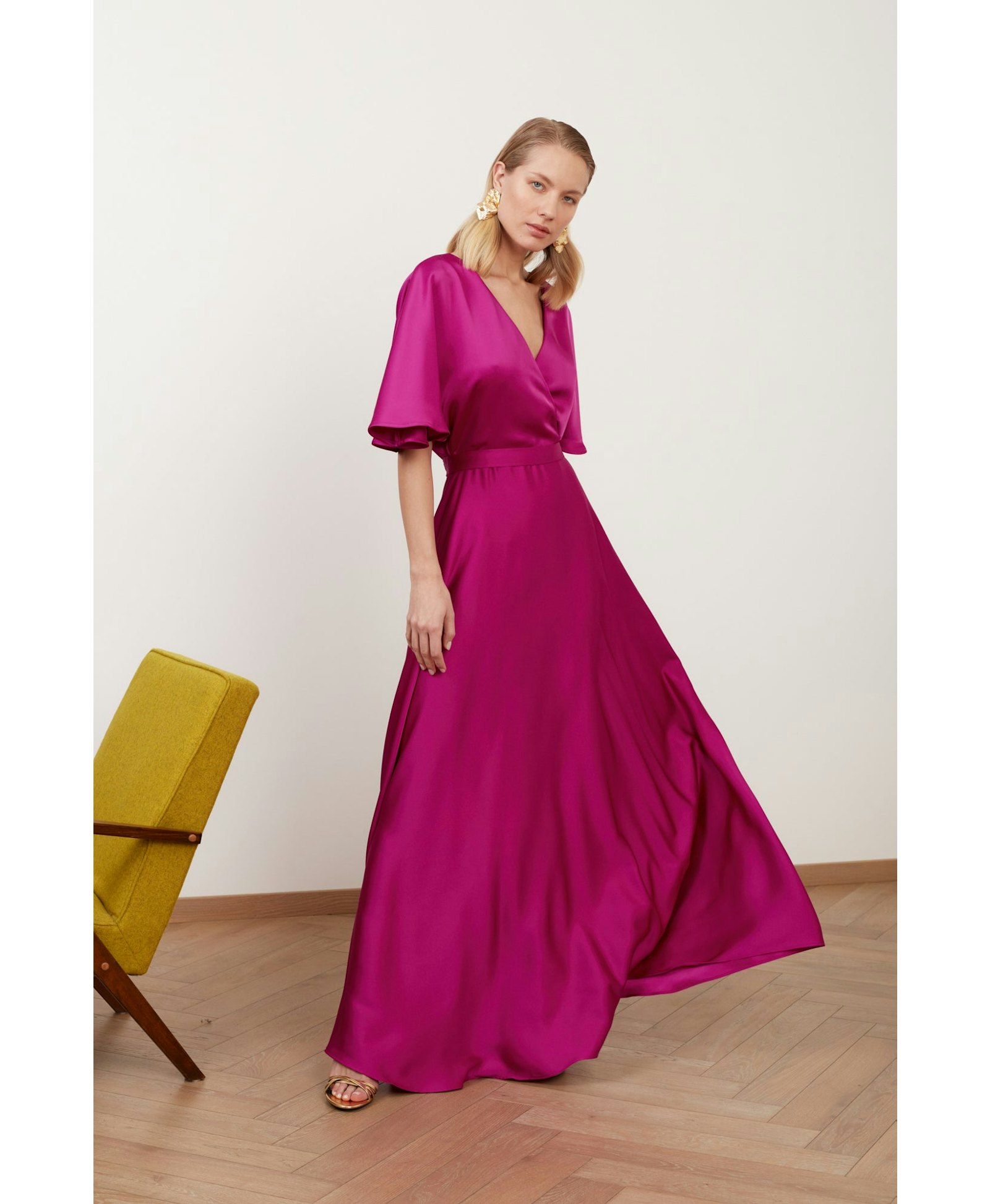 SOLENE fuchsia satin long wedding guest dress made by UNDRESS