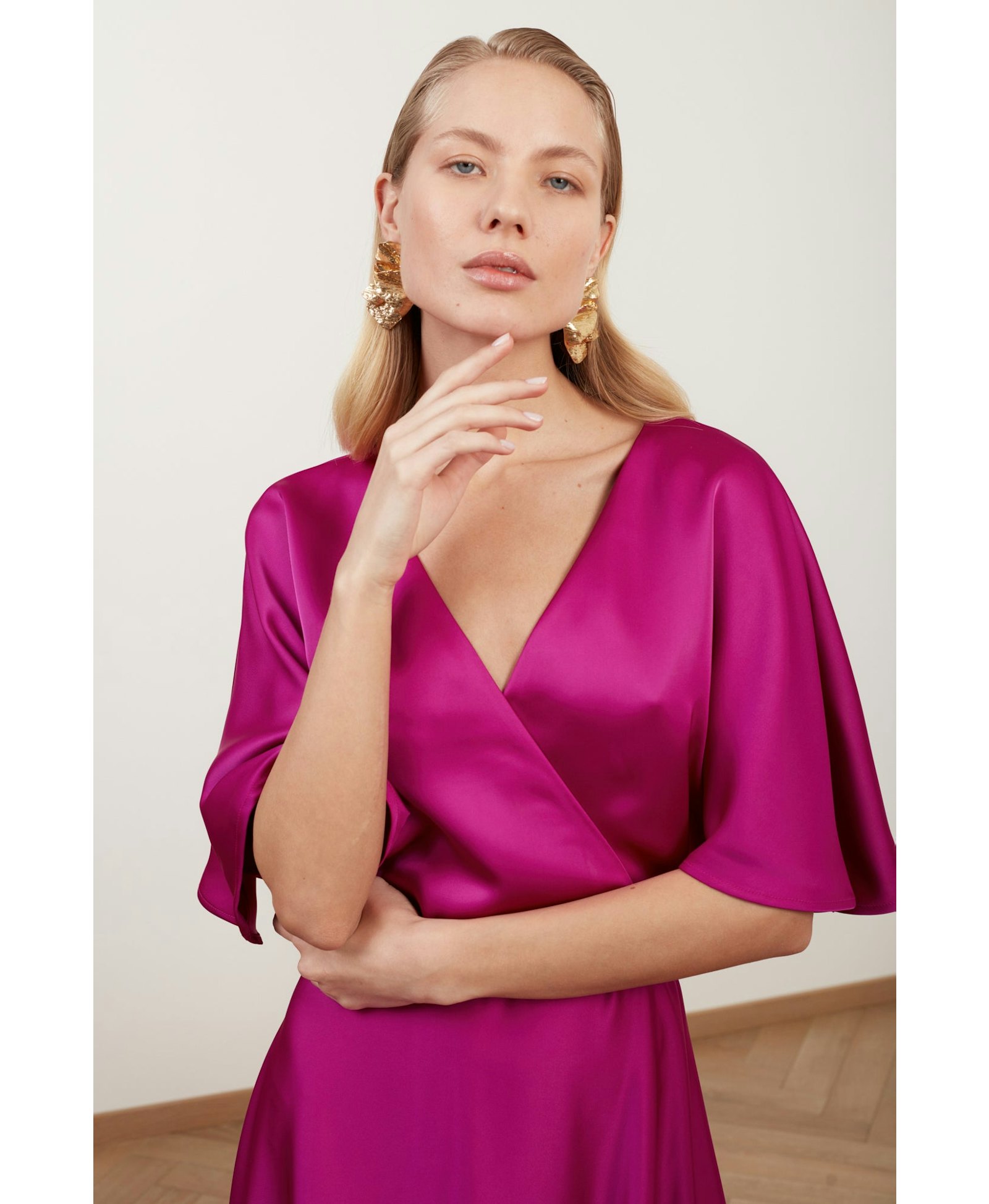 SOLENE fuchsia satin long wedding guest dress made by UNDRESS
