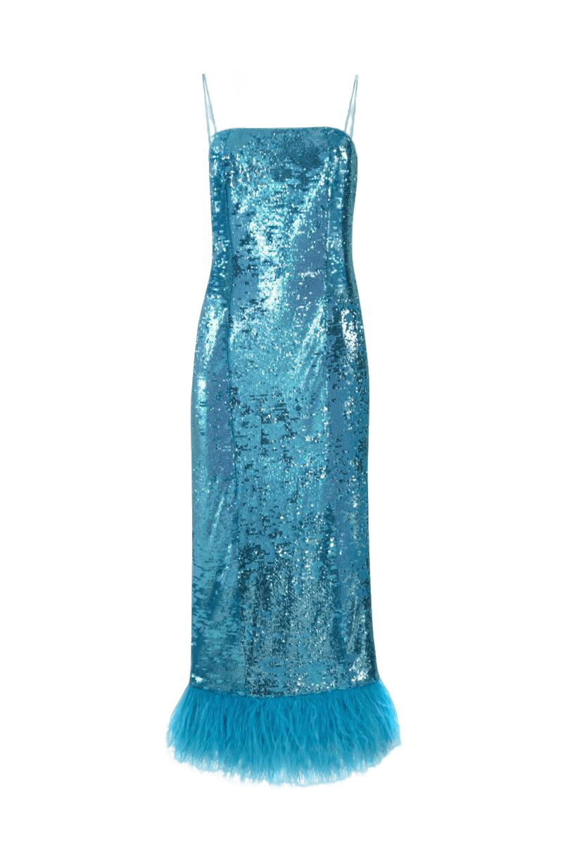 F.ilkk Blue Sequined Midi Dress With Feathers