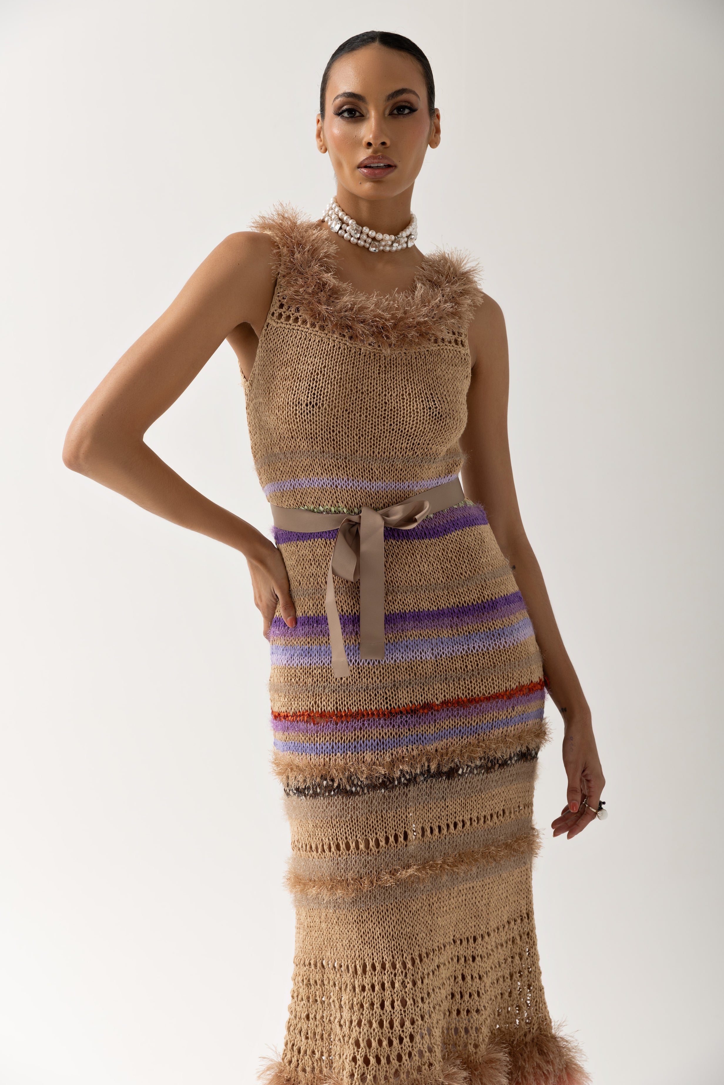 Shop Andreeva Camila Brown Multicolor Handmade Knit Dress