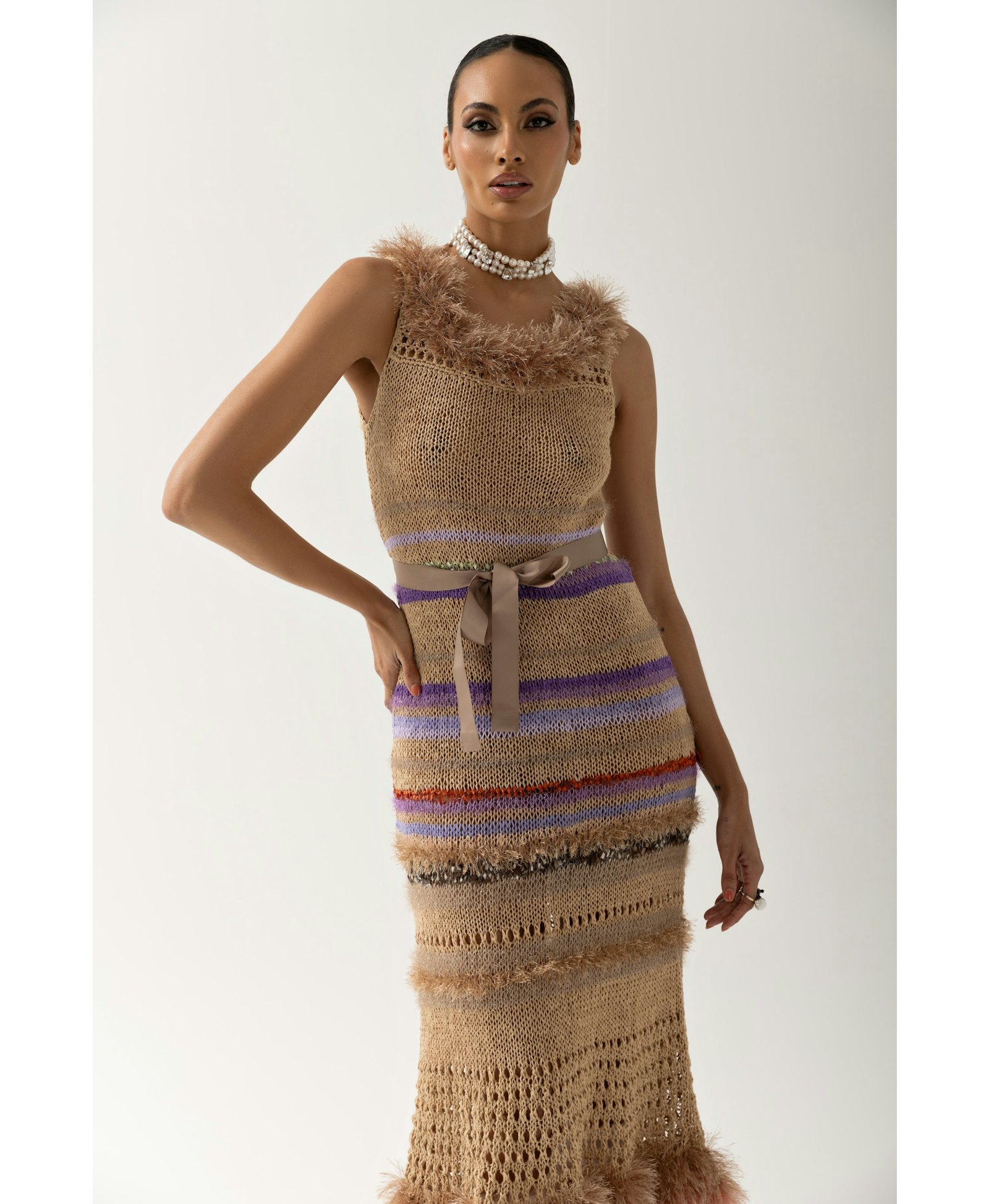 Brown Multicolor Handmade Knit Dress made by ANDREEVA