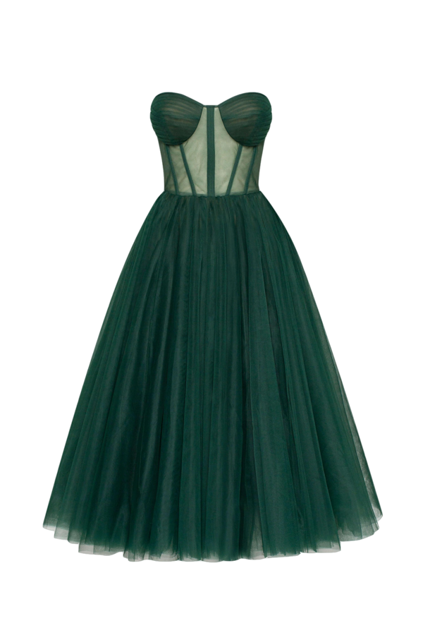 Millà Emerald Green Strapless Puffy Midi Tulle Dress