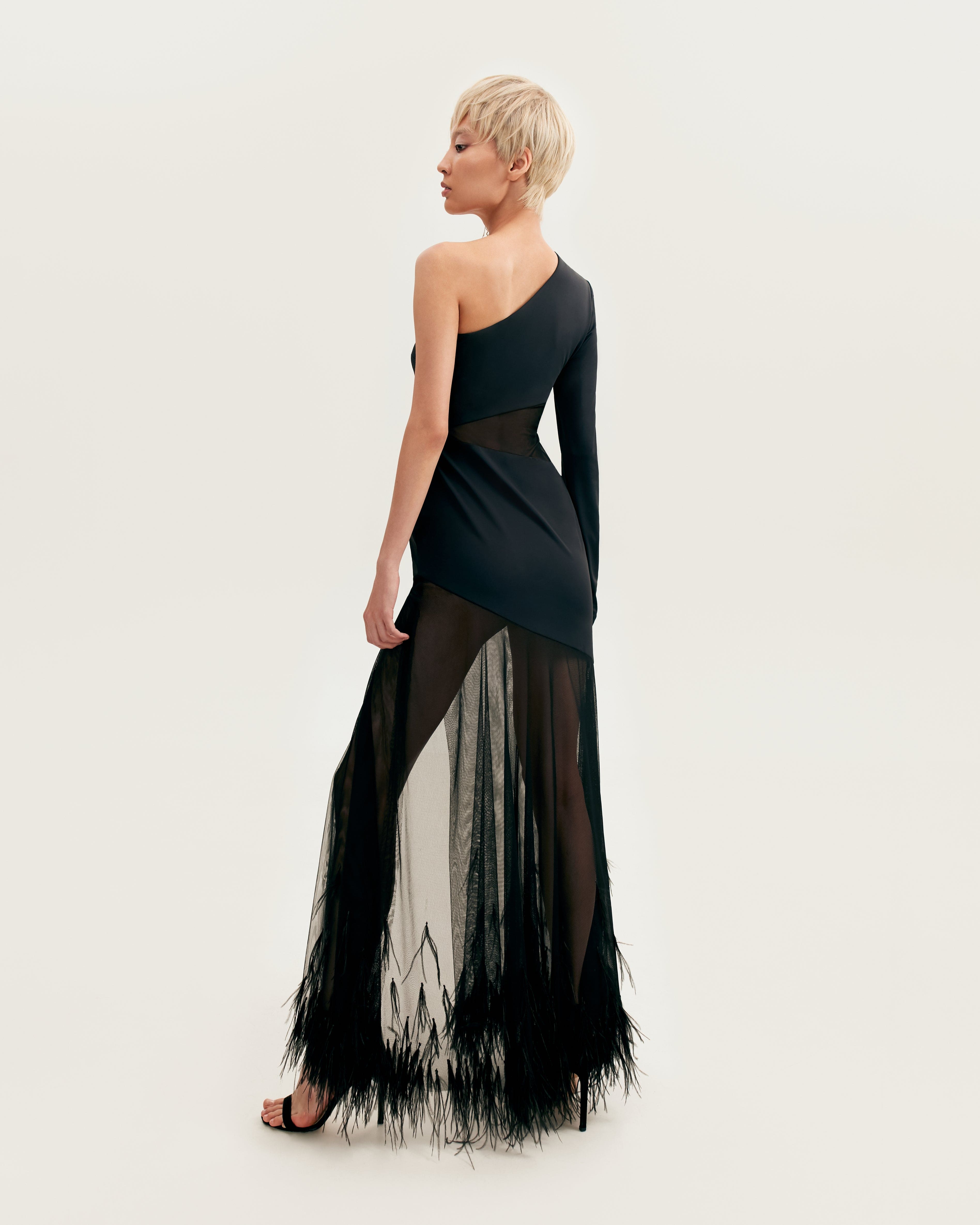 Shop One shoulder maxi dress with feather trimmed bottom Xo Xo from Milla at Seezona Seezona