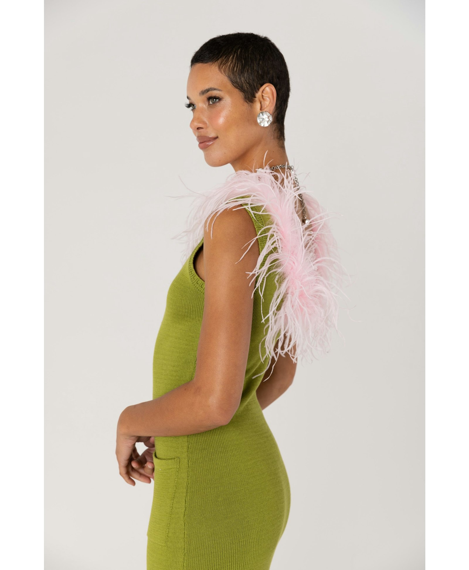 Chrysanthemum Green Knit Dress With Pink Real Ostrich Feathers Details made by ANDREEVA