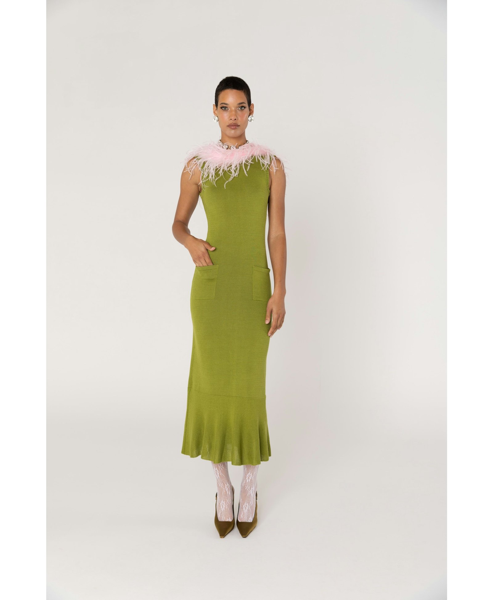 Chrysanthemum Green Knit Dress With Pink Real Ostrich Feathers Details made by ANDREEVA