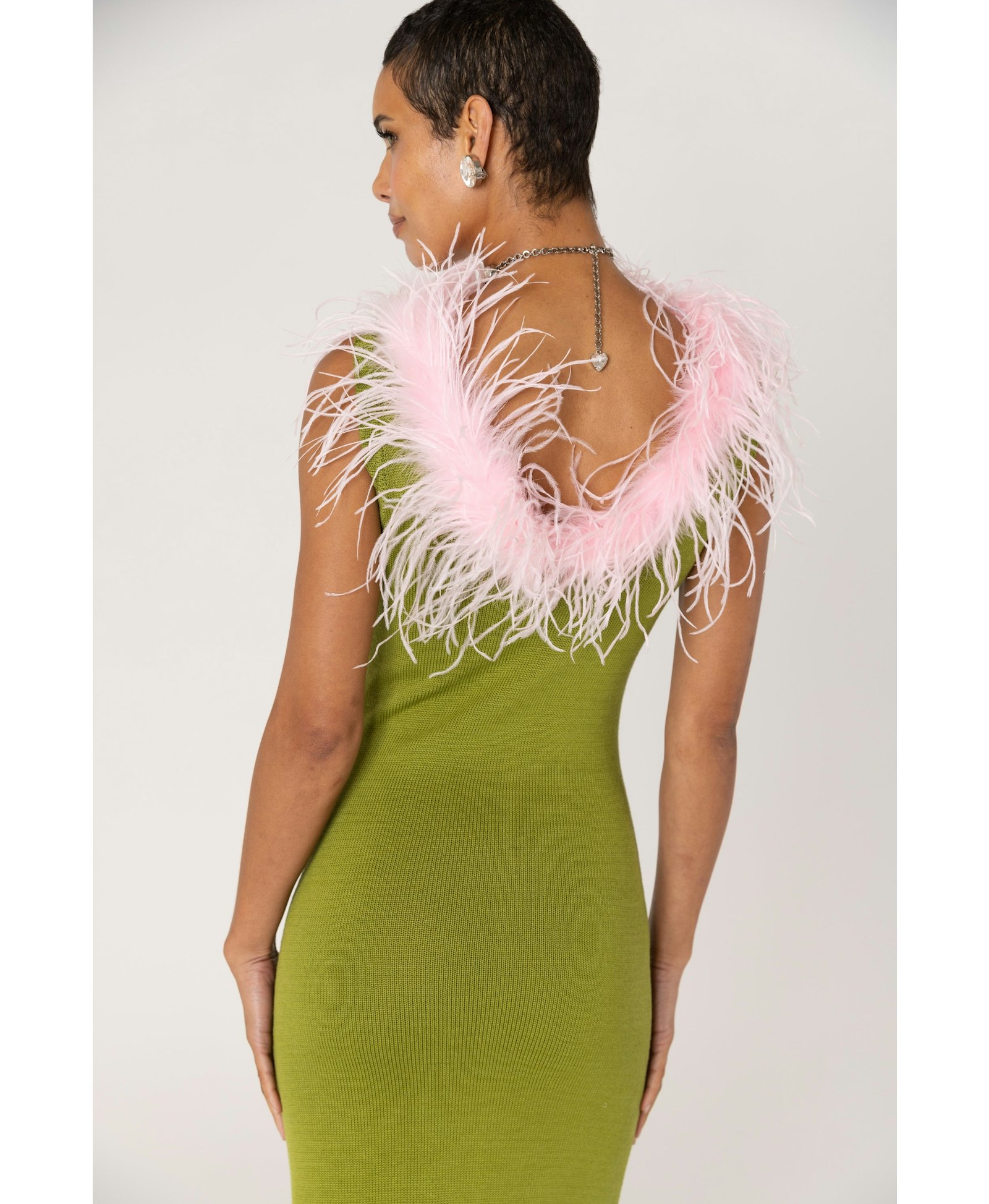 Chrysanthemum Green Knit Dress With Pink Real Ostrich Feathers Details made by ANDREEVA