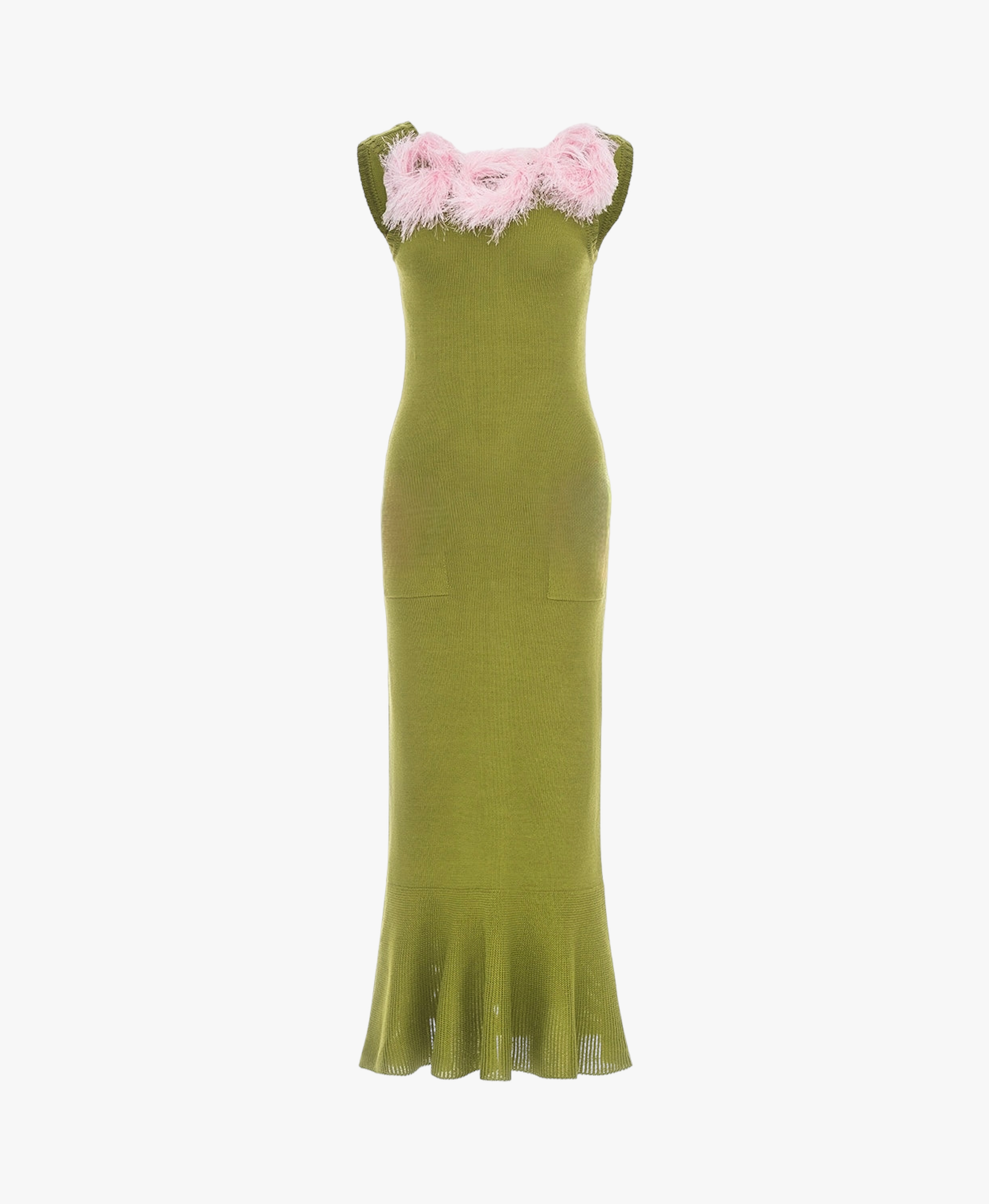 Chrysanthemum Green Knit Dress With Pink Real Ostrich Feathers Details made by ANDREEVA