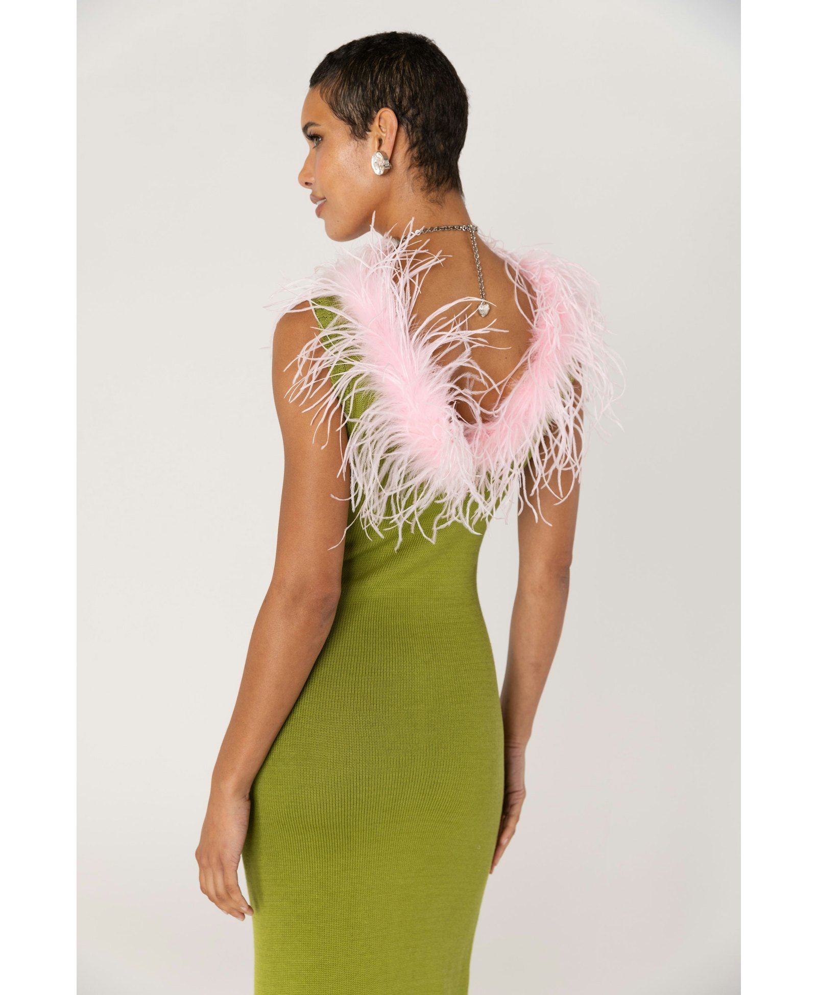 Chrysanthemum Green Knit Dress With Pink Real Ostrich Feathers Details made by ANDREEVA