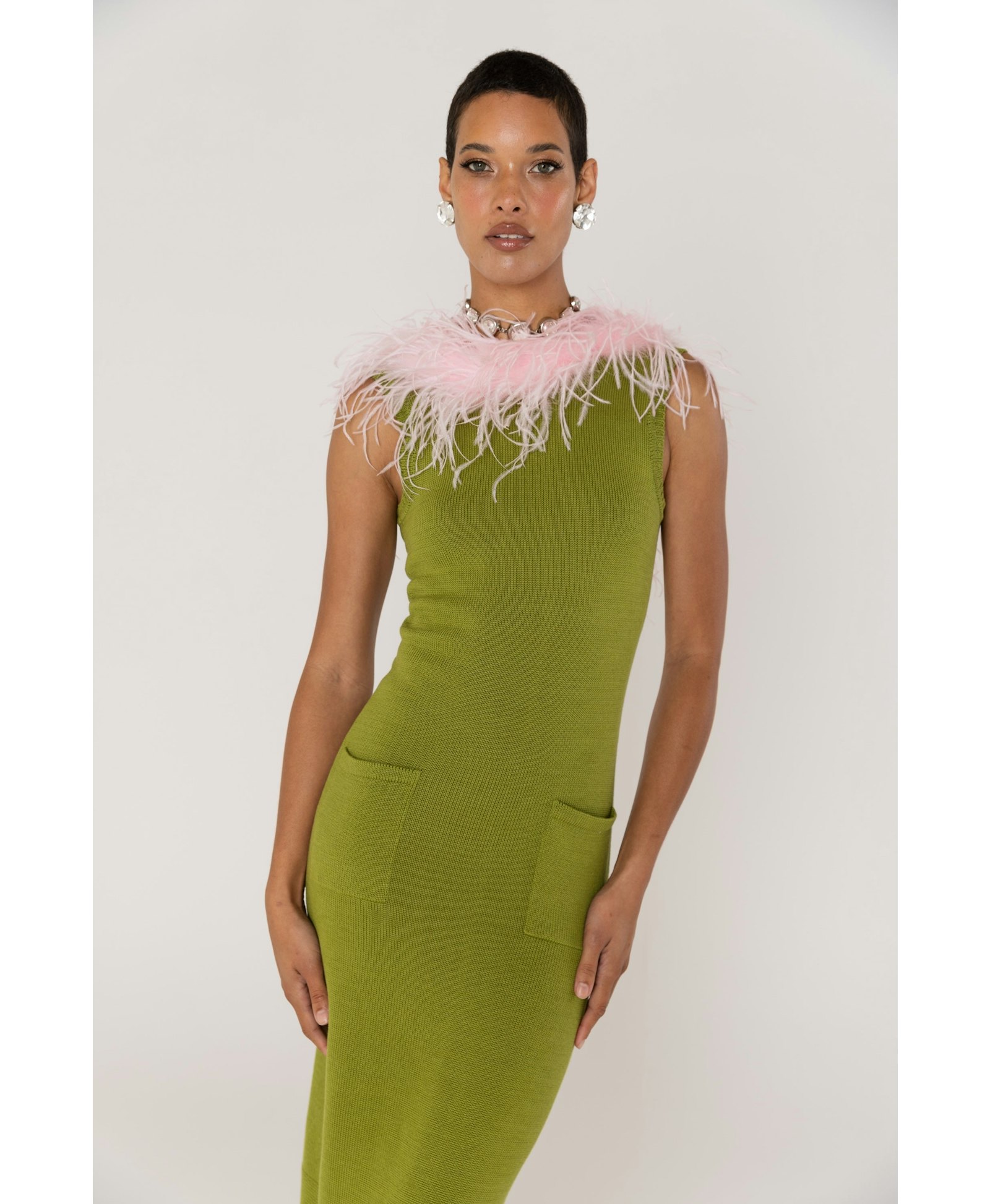 Chrysanthemum Green Knit Dress With Pink Real Ostrich Feathers Details made by ANDREEVA