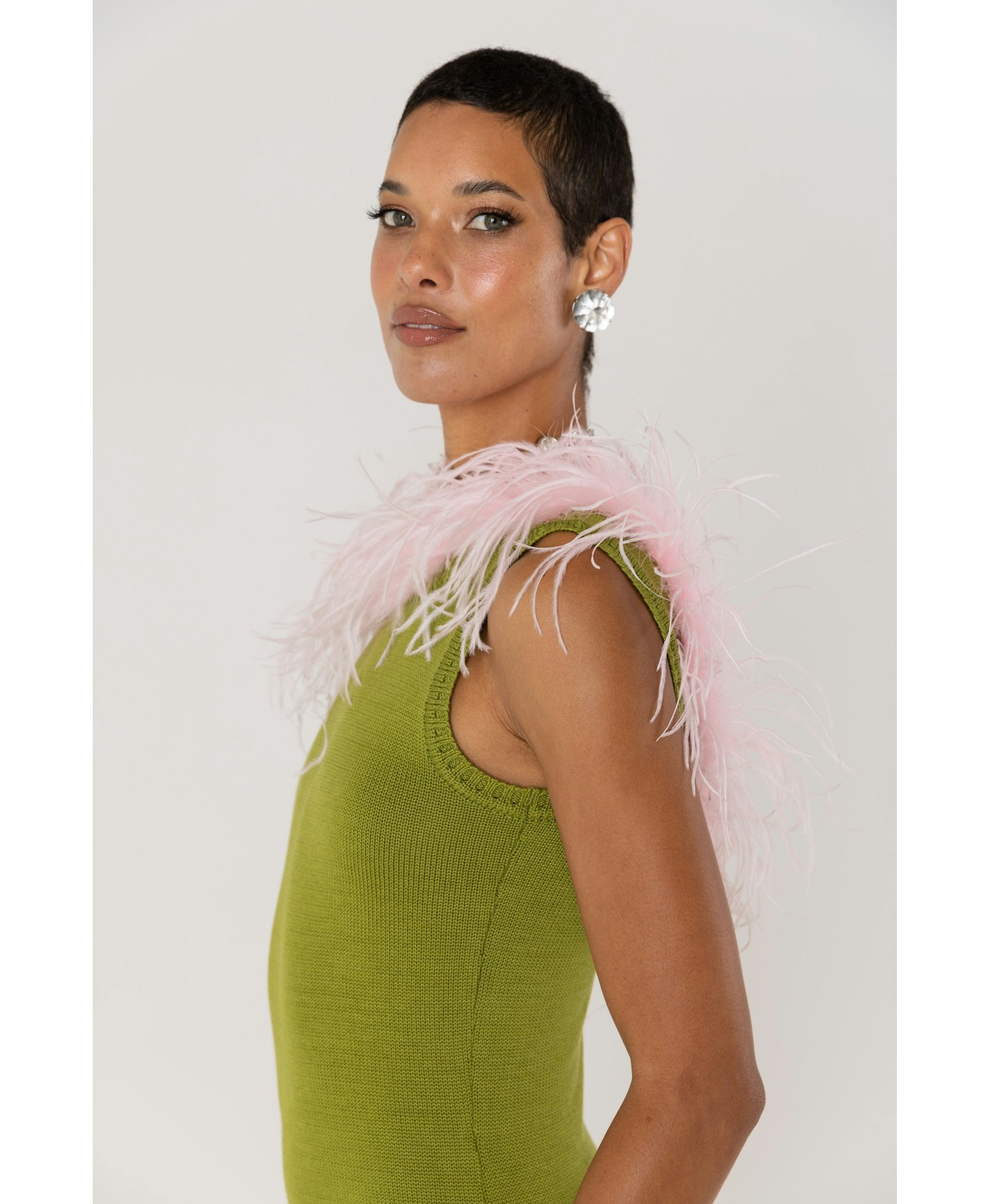 Chrysanthemum Green Knit Dress With Pink Real Ostrich Feathers Details made by ANDREEVA
